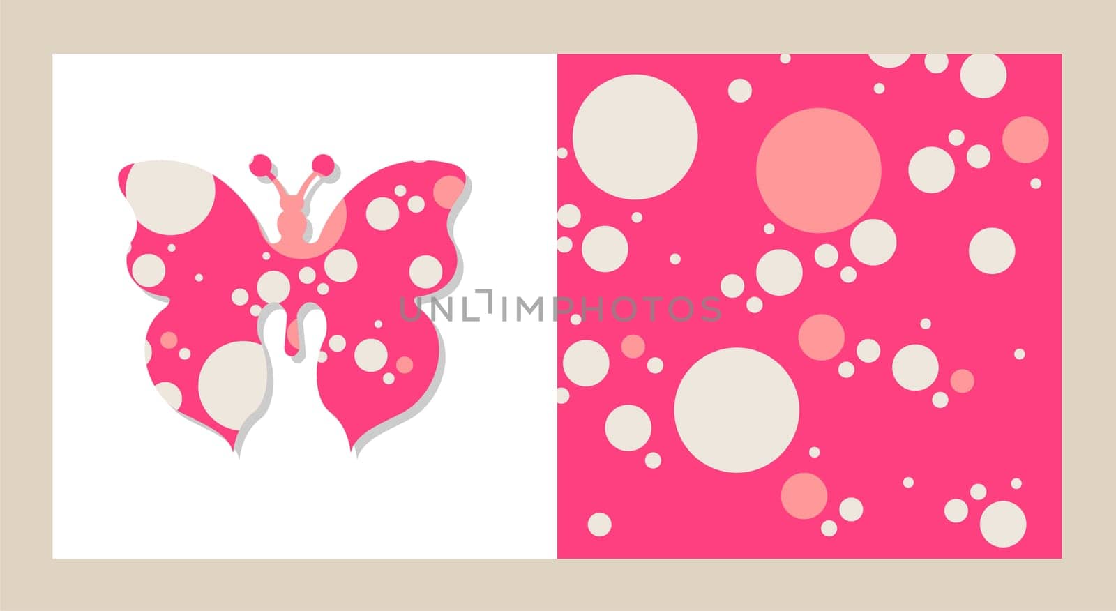 Patches of a butterfly pattern and a background of bubbles. Pink tones.