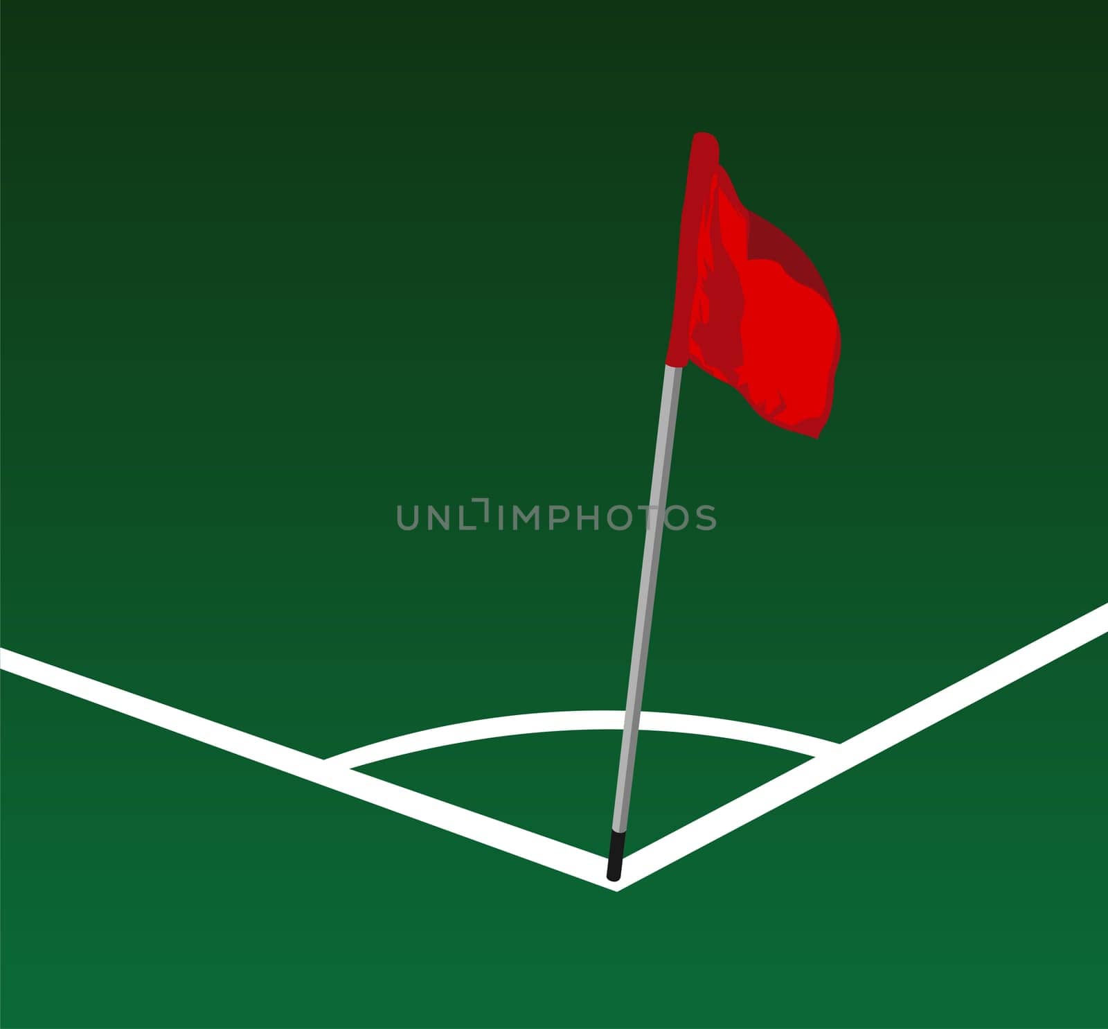 Soccer field corner with flying red flag
