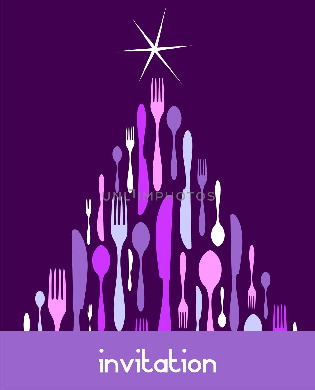 Christmas Tree Cutlery. Fork, spoon and knife pattern forming a tree with a shiny white star on top. Blue background. Usable as invitation card. Vector file available.