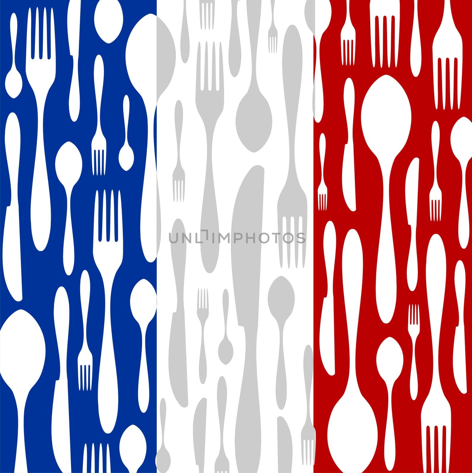 French Cuisine. Cutlery silhouettes: spoon, knife and fork pattern on blue, white and red wide striped background as an icon of the country flag. Vector available