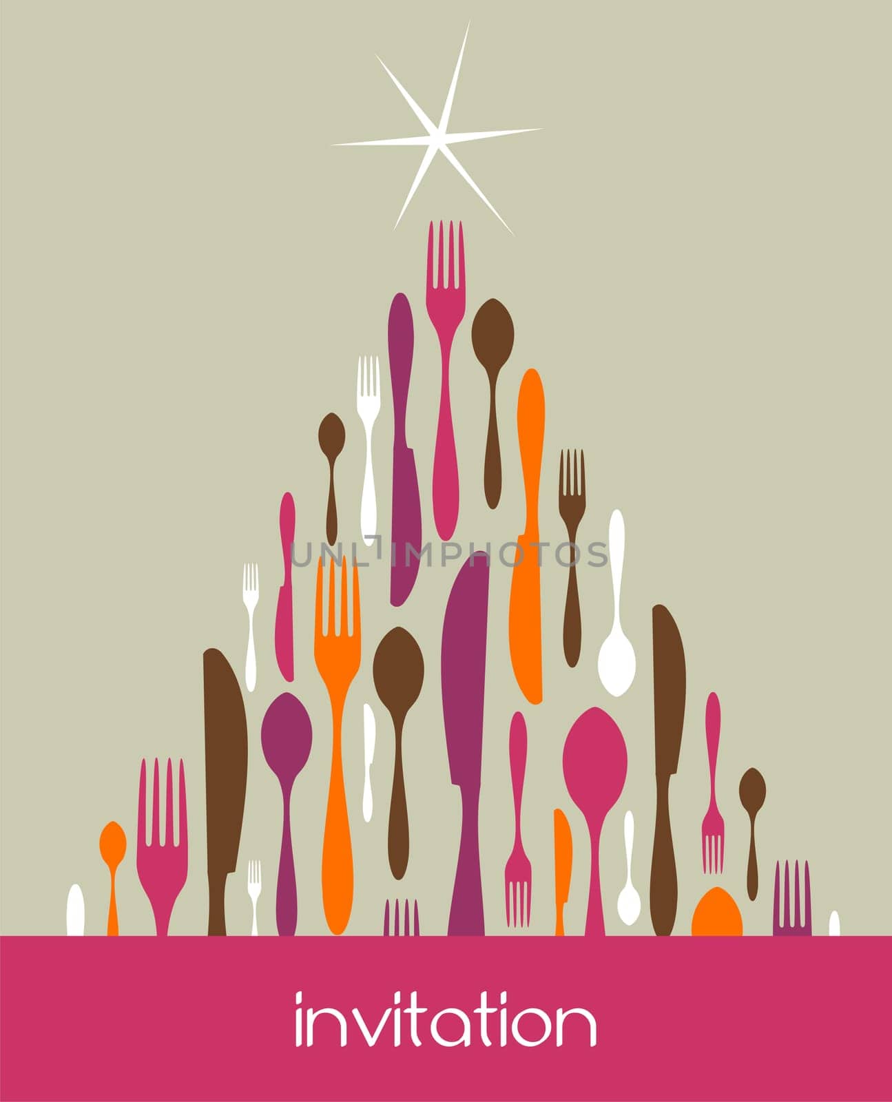 Christmas Tree Cutlery. Fork, spoon and knife pattern forming a tree with a shiny white star on top. Pastel color background. Usable as invitation card. Vector file available.