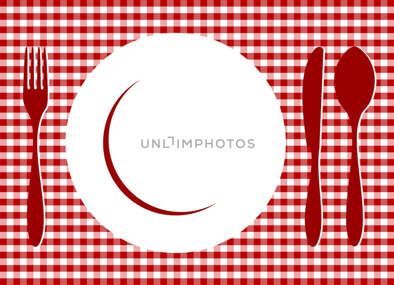 Place Setting. Plate, spoon, fork, knife and plate on red cross-weave gingham tiles tablecloth. Food, restaurant, menu design with cutlery and plate silhouettes background. Vector available