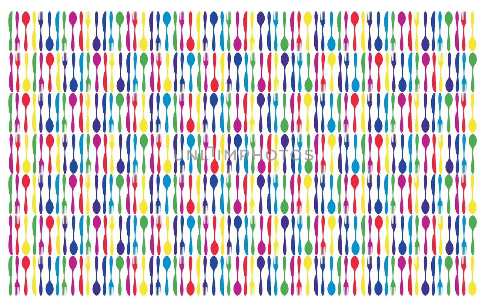 Multicolored cutlery icons. Fork, knife and spoon silhouettes on different backgrounds. Vector avaliable