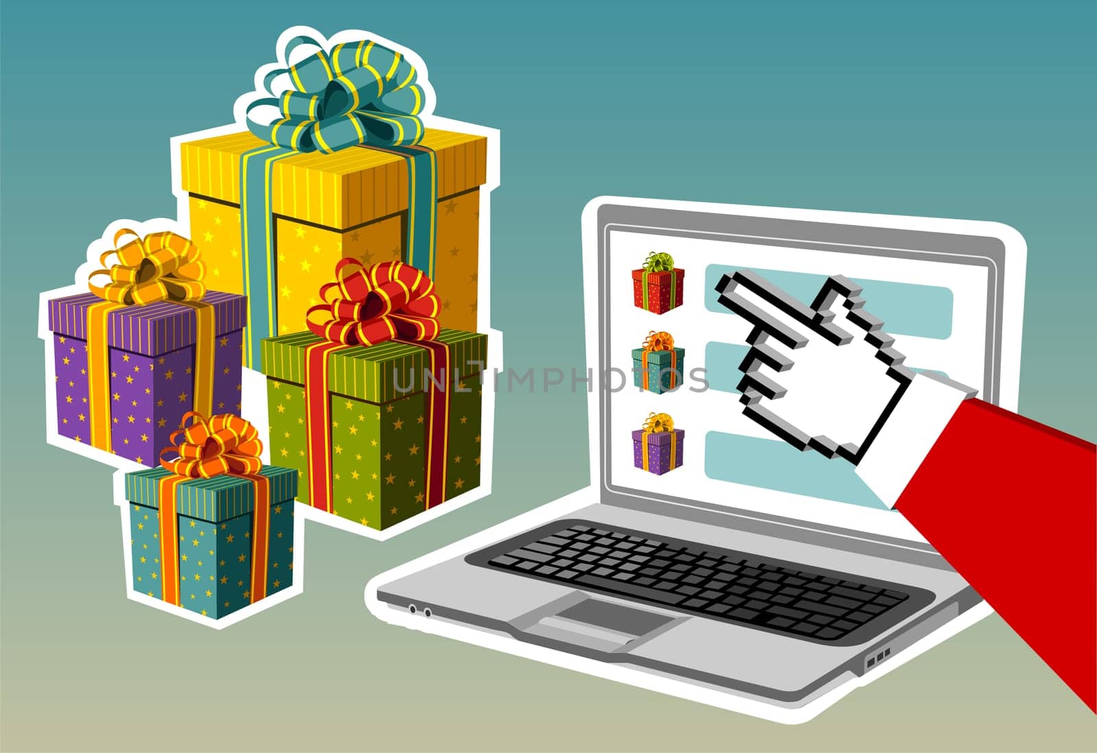 Christmas and e-commerce: Santa Claus e-buying gifts from a notebook.