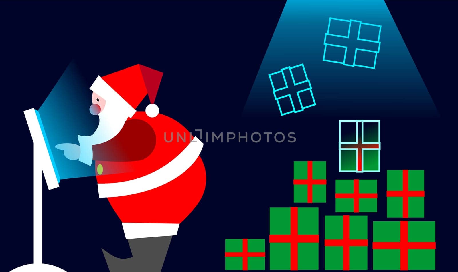 E-commerce: Xmas on line buying. Santa Claus selecting the gifts from a LCD touch screen.