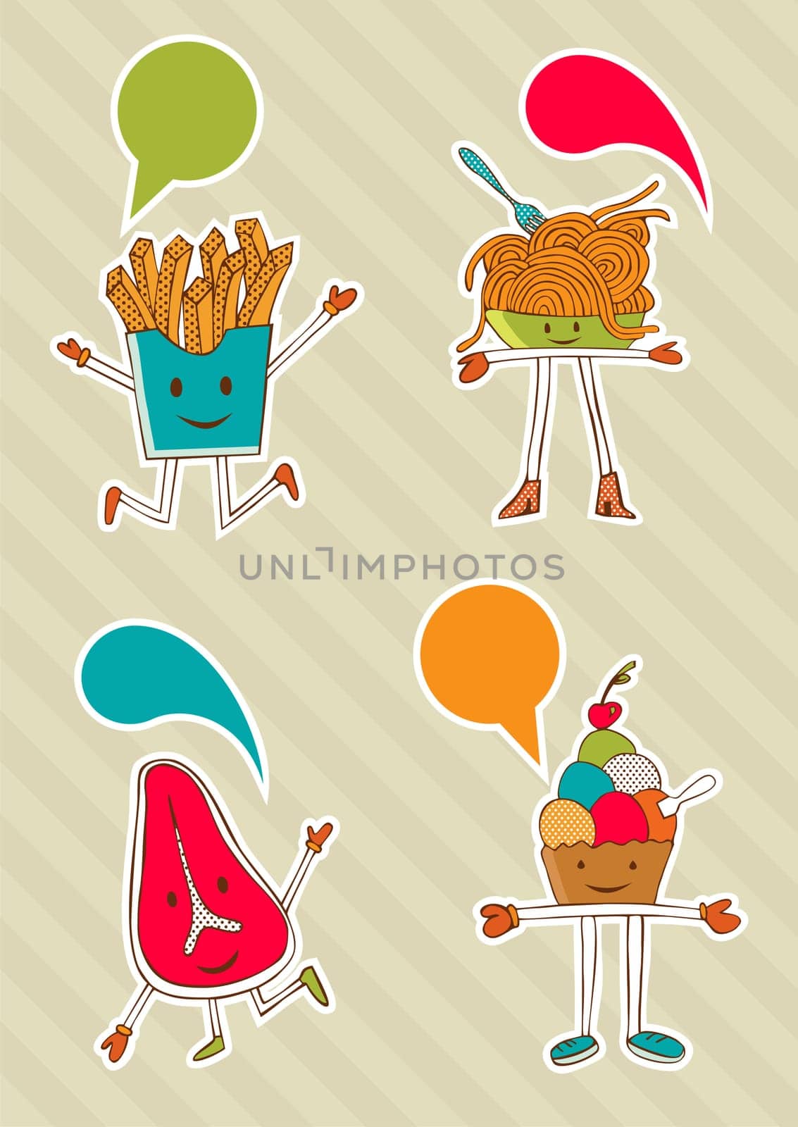 Coloured food cartoons with dialogue balloon on beige background. Vector available.
