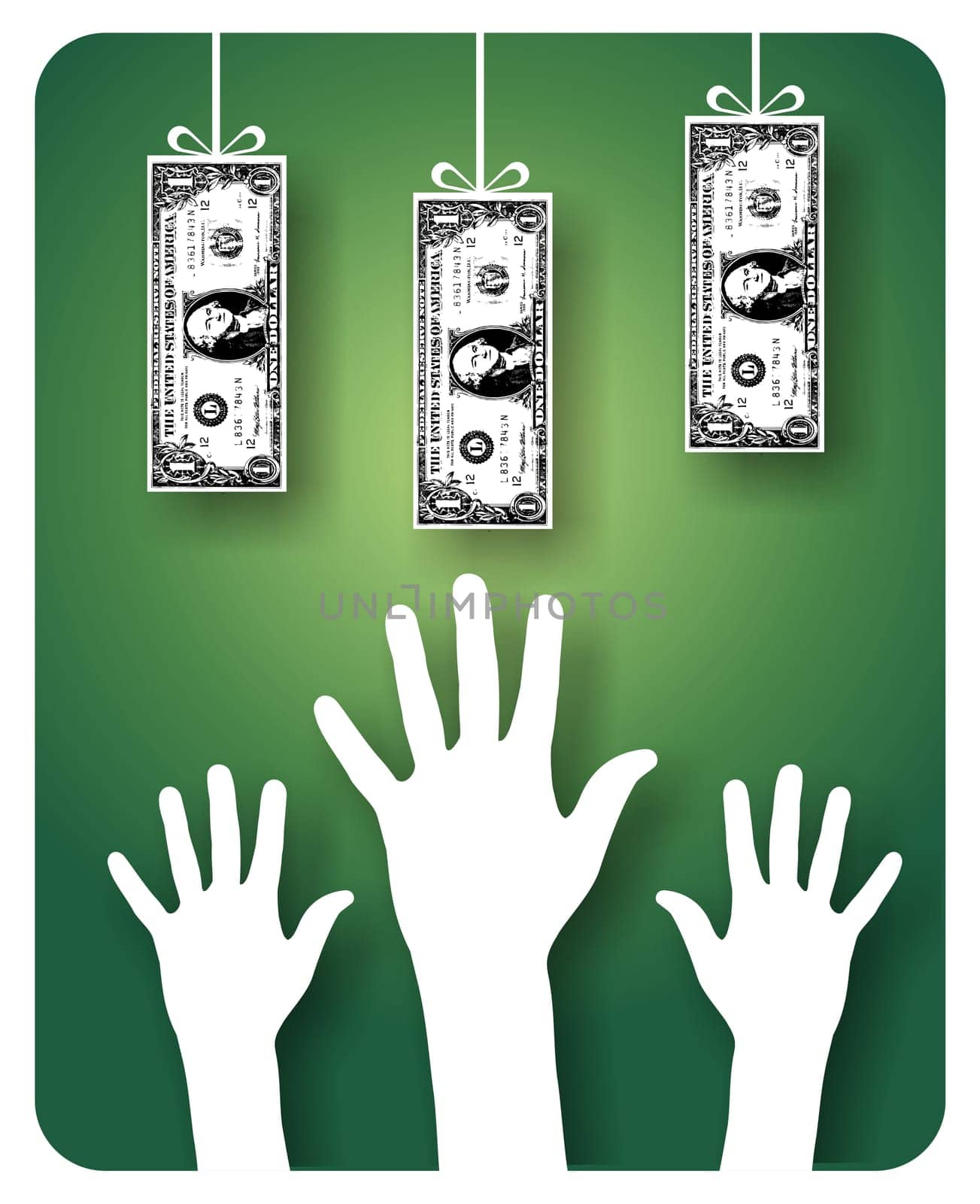 Hands trying to reach hanging dollar bills