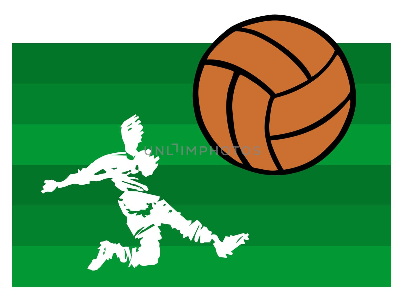 Soccer player shooting an orange big ball over horizontal green lines background.