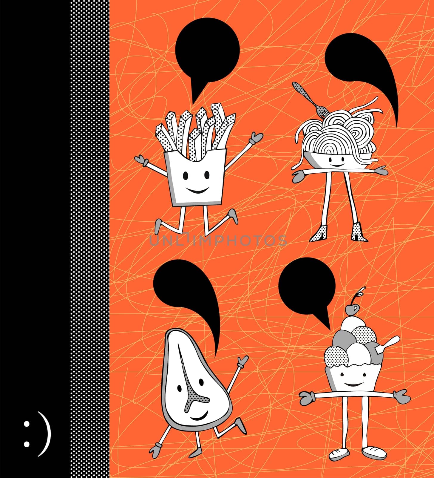 Funny food cartoons with dialogue balloon on orange background. Vector avaliable