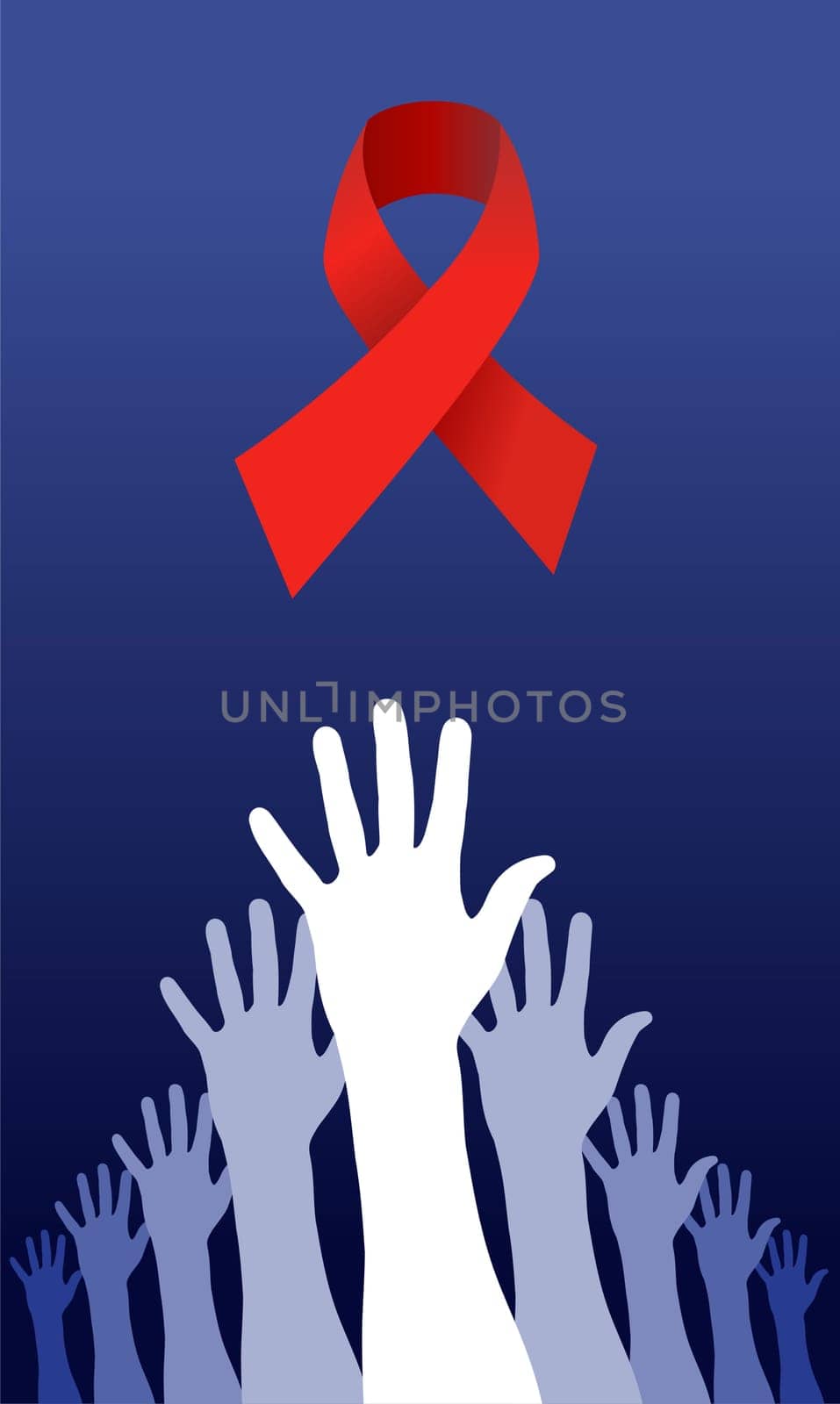 A group of raised hands with AIDS ribbon over them. Vector avaliable