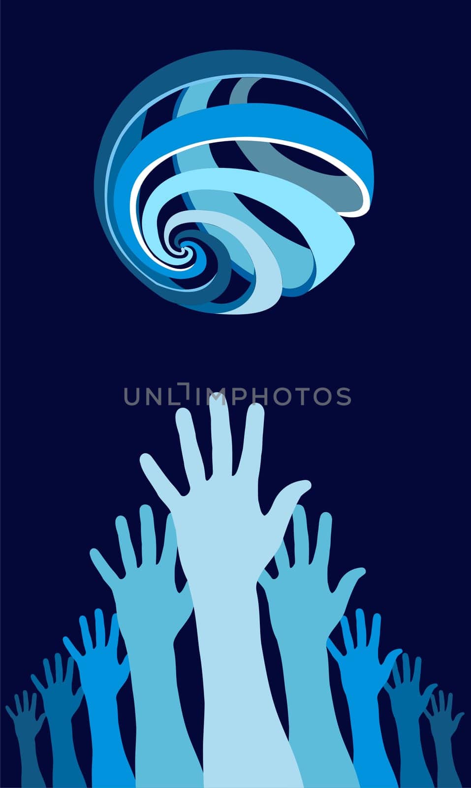 Raised hands with a world globe icon over them. Concept of harmony in the world. Blue background. Vector file available.