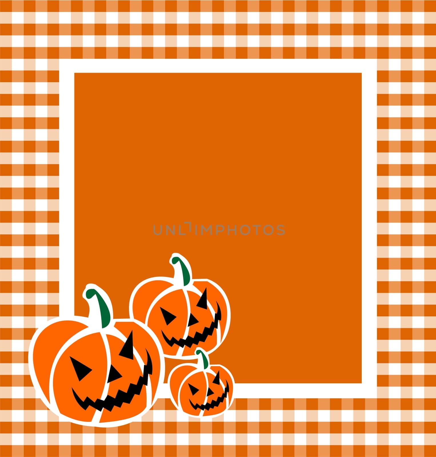 Halloween pumpkin faces in a grid framework. Orange background. Vector available