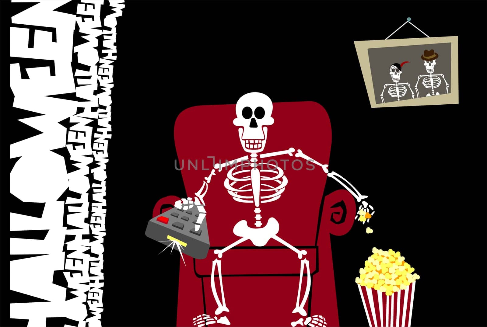 Halloween skeleton zapping and eating popcorn on a red couch. Black background. Vector available