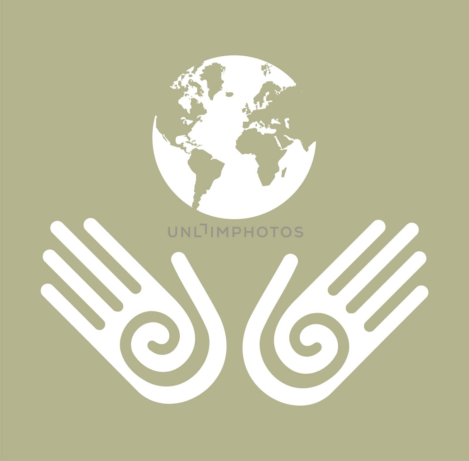 Two white hands with the globe behind. Vector avaliable