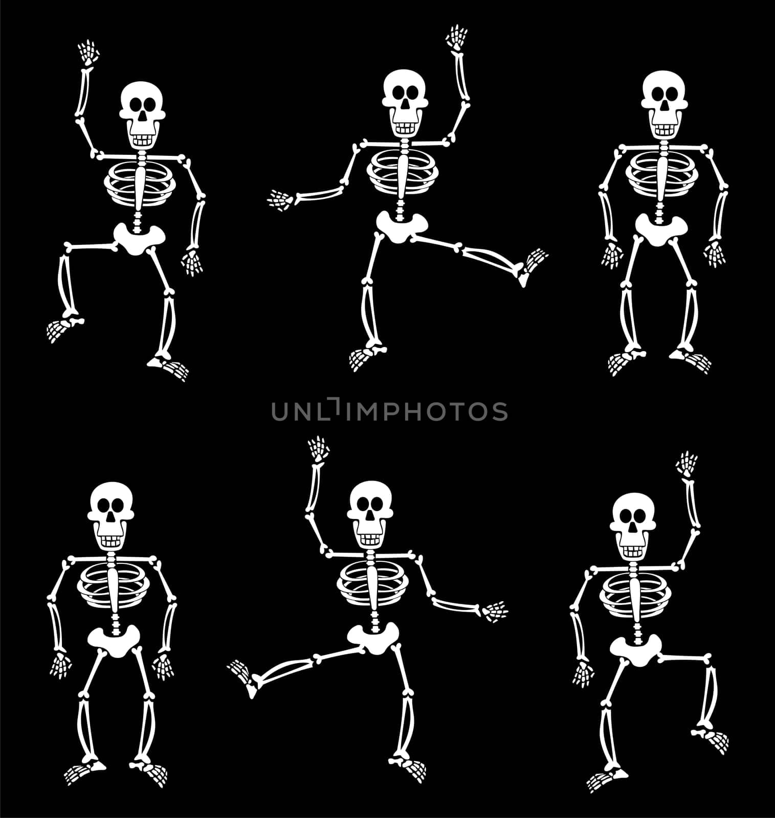Halloween skeletons dancing on black background. Vector available