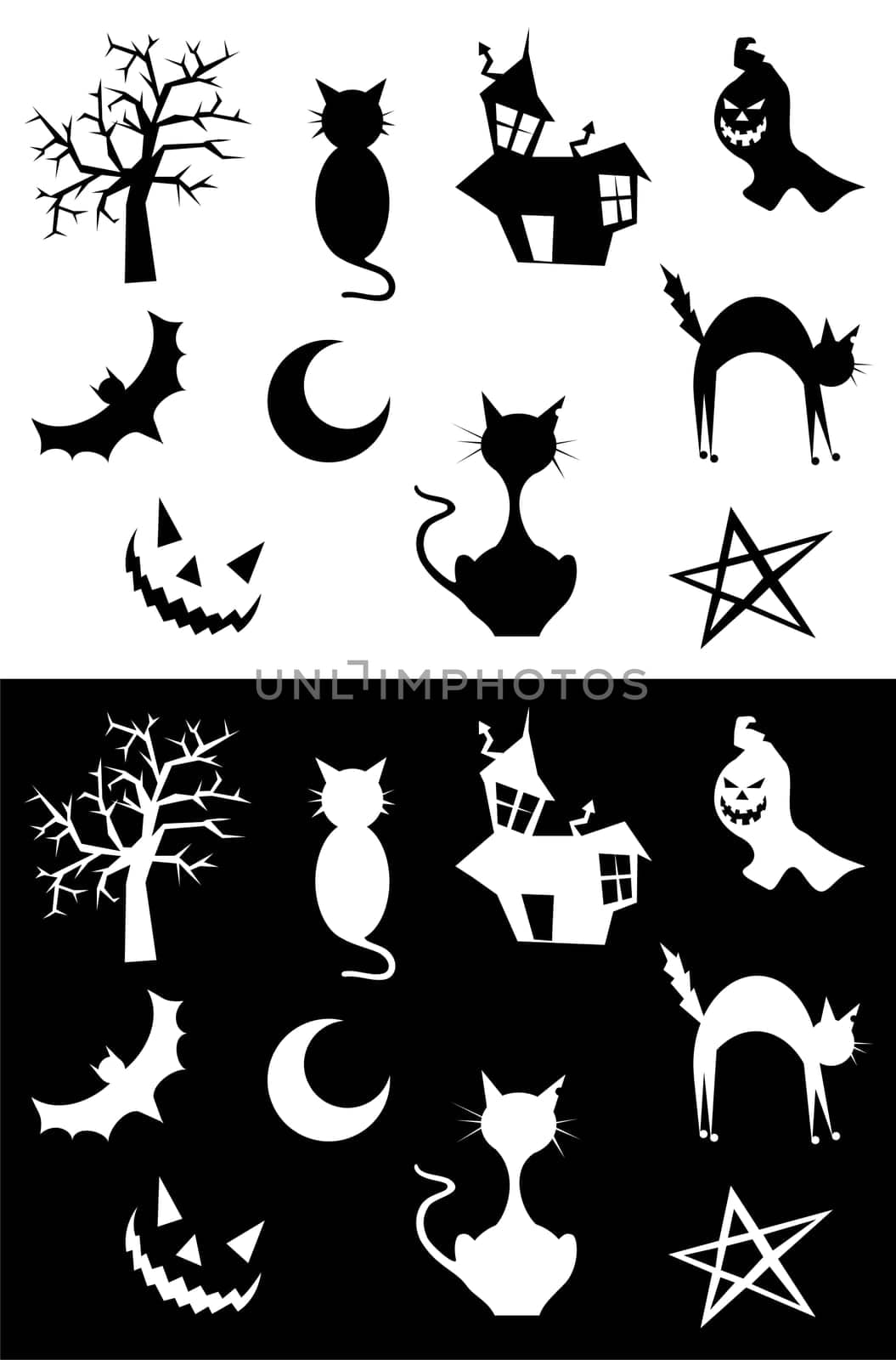 Halloween silhouettes set, element for design, on white and black background. Vector illustration.