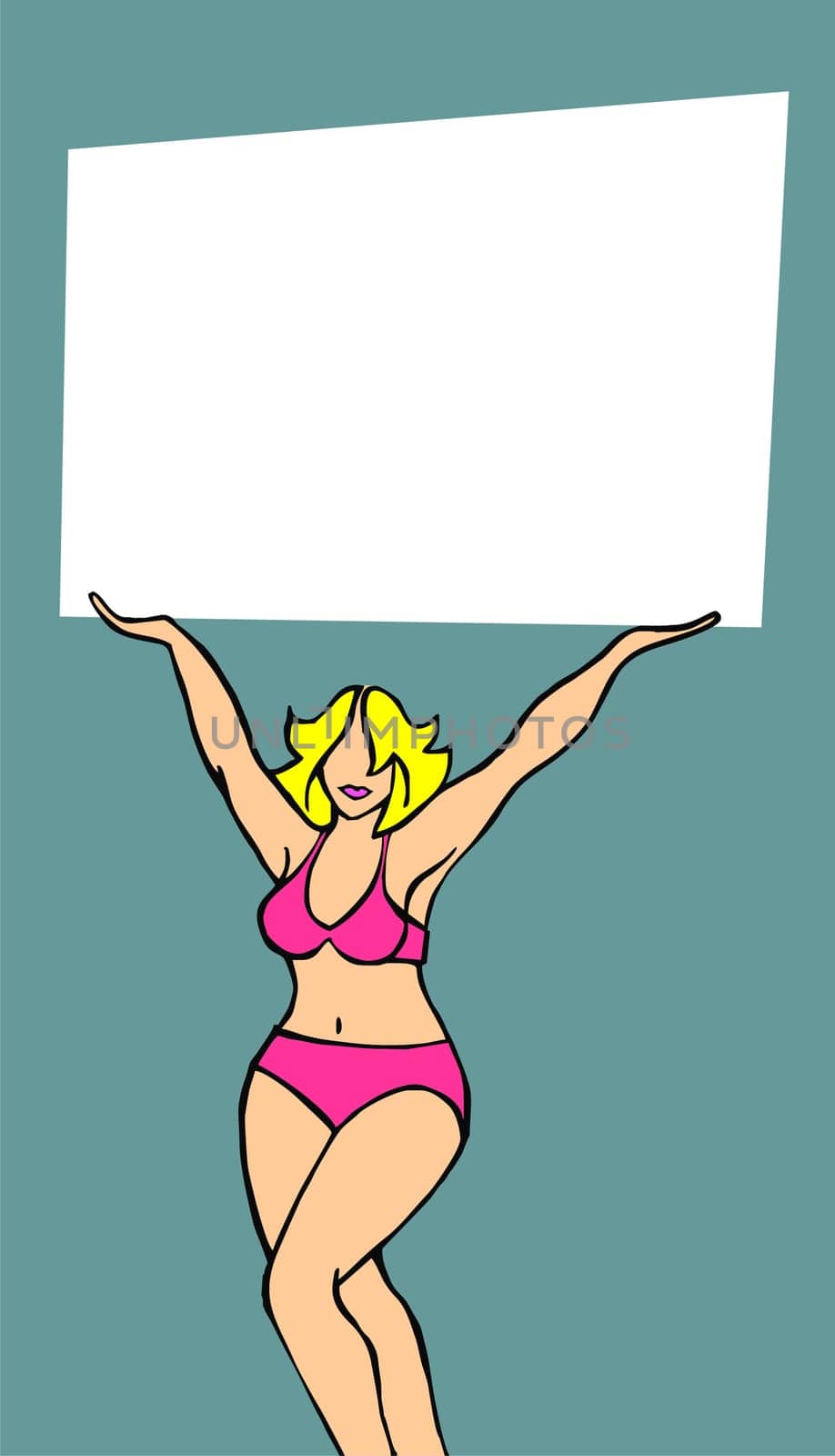Voluptuous girl showing a blank banner whith her arms raised