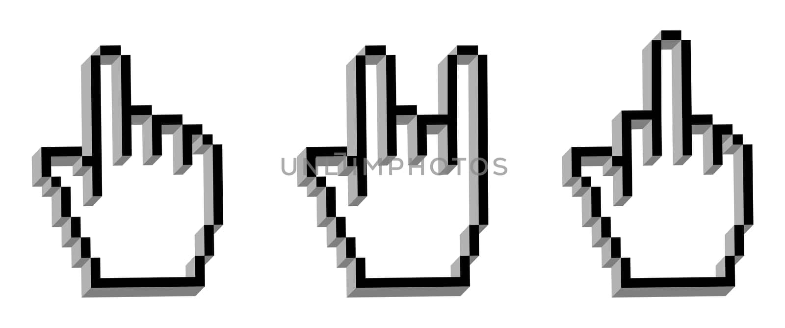 Three hand cursors in different gestures over white background. Vector available