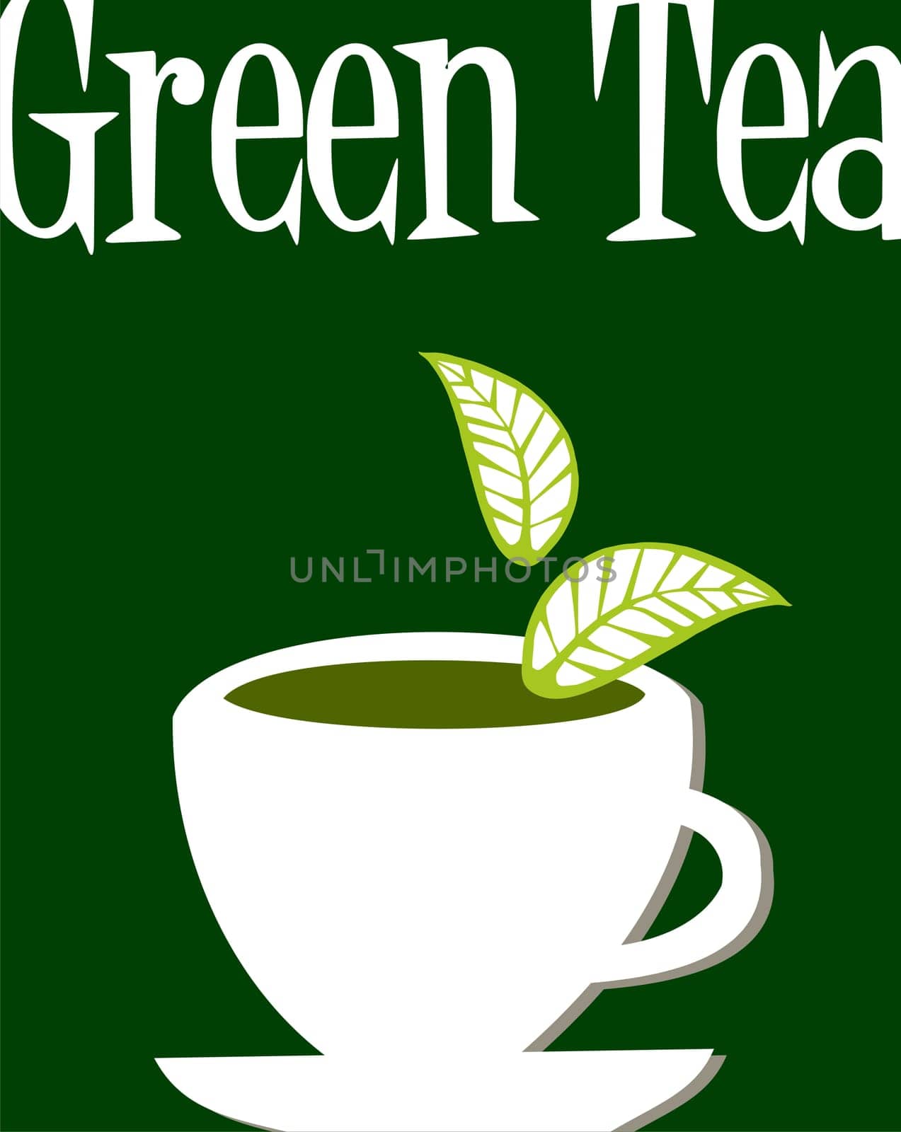 White cup full of green tea and leaves falling down. Green tea legend written as headline over green background.