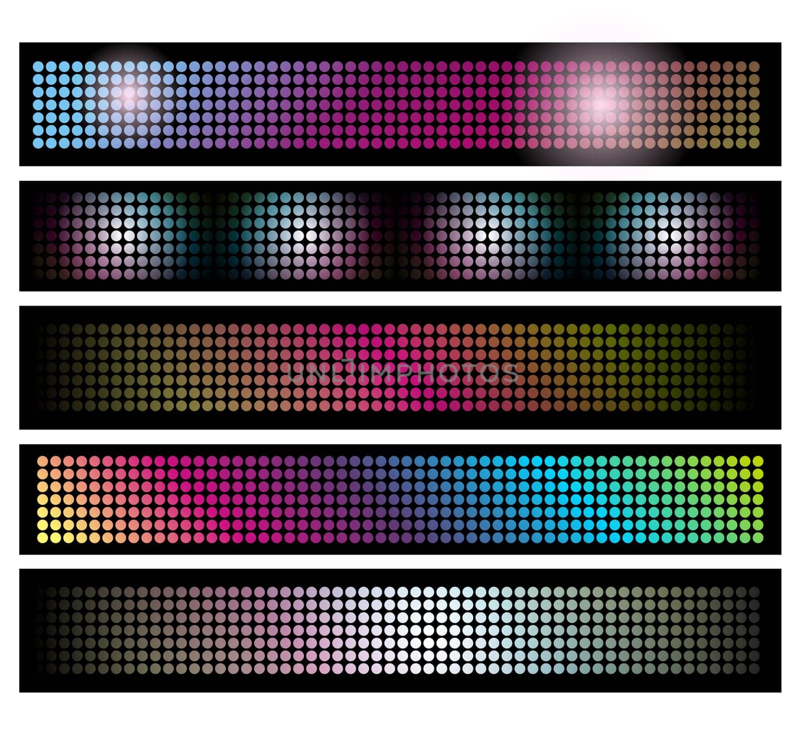 Five horizontal black bars filled with multicolored dots following a sequential ligthing pattern. Vector file available.