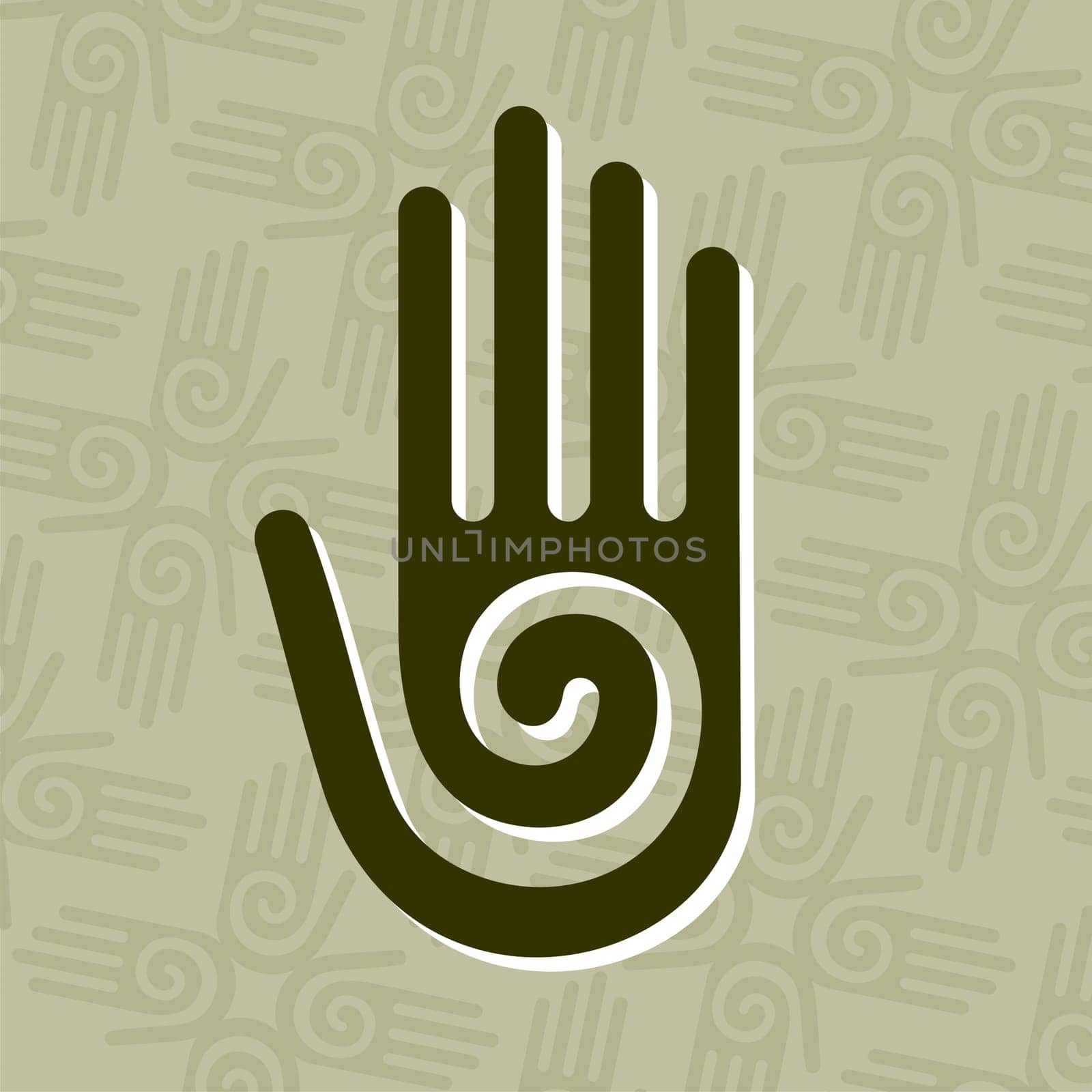 Hand with a spiral symbol on the palm, on a circle of hands background. Vector avaliable