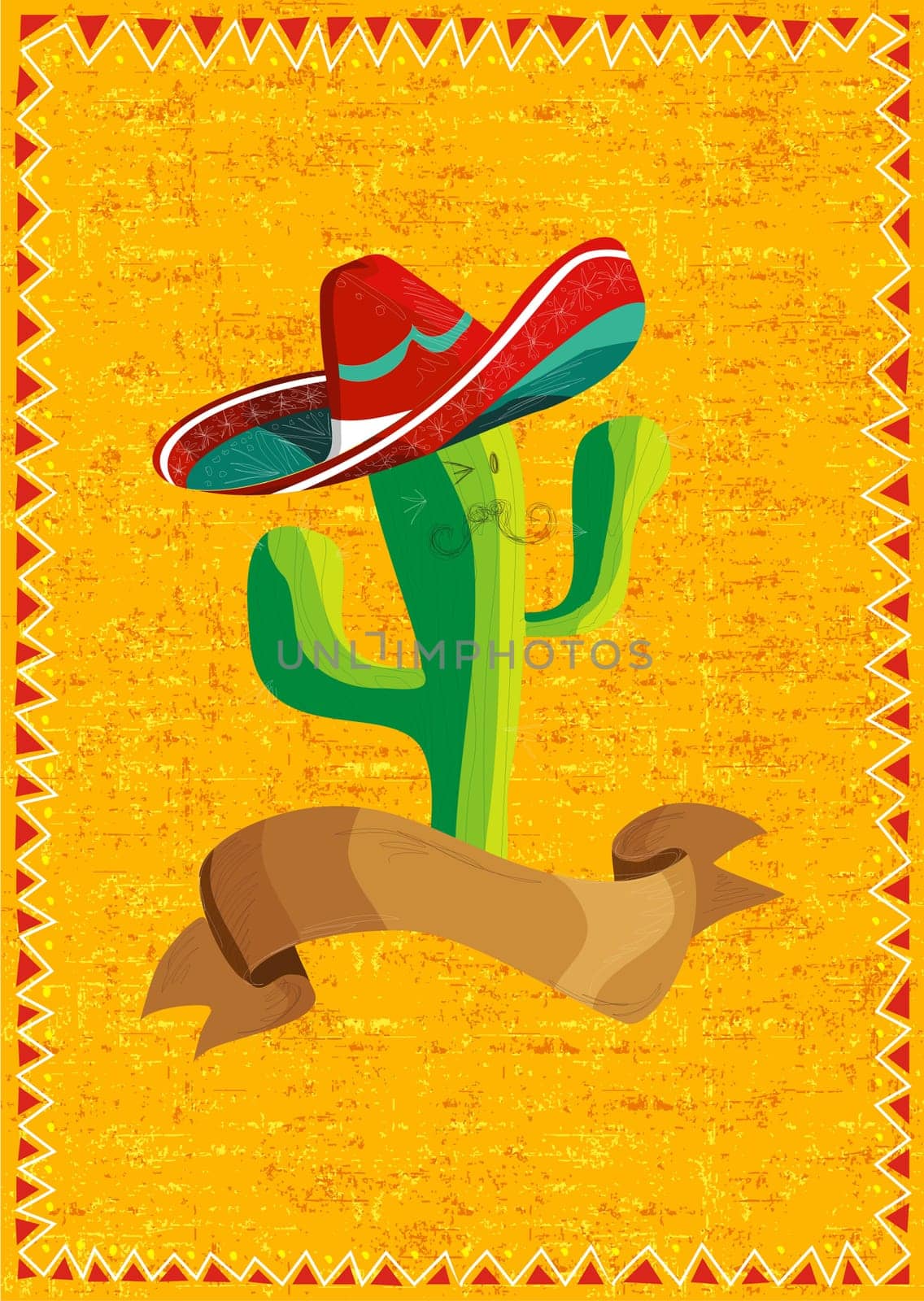 Mexican funny cactus cartoon character and ribbon illustration over grunge background. Useful for menu design.