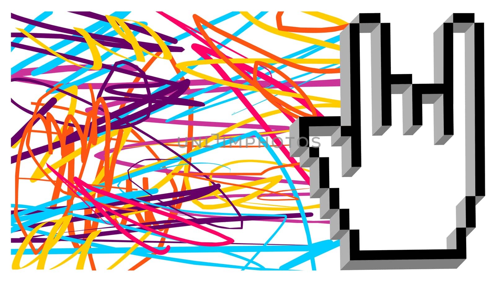 Hand cursor making the gesture of metal music with texture of grunge colored lines on white background. Vector available