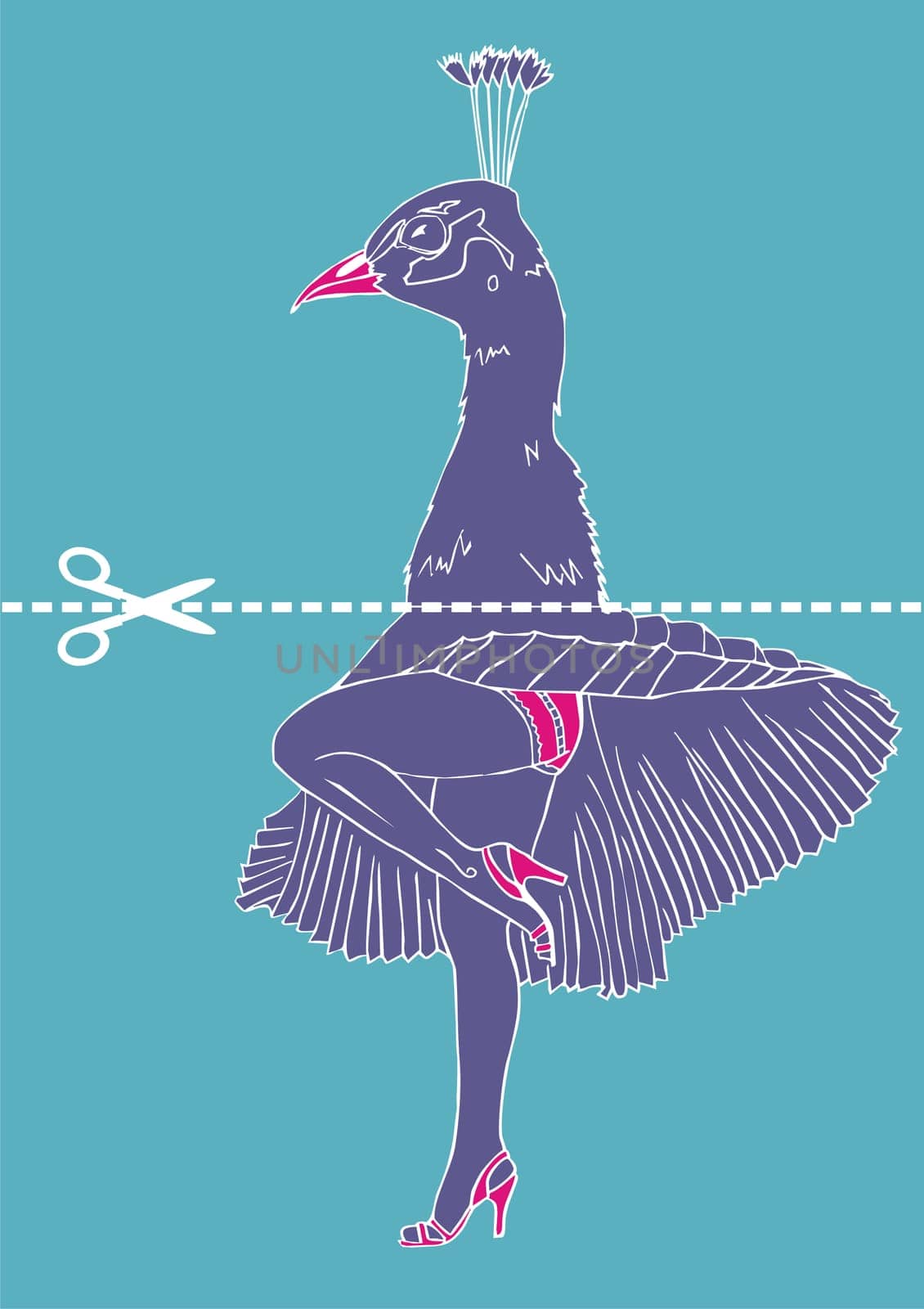 Marilyn Monroe legs with peacock head. Hatched line in the center marked for cutting with scissors. Trendy fashion design. Usable to print t-shirts. Vector available.