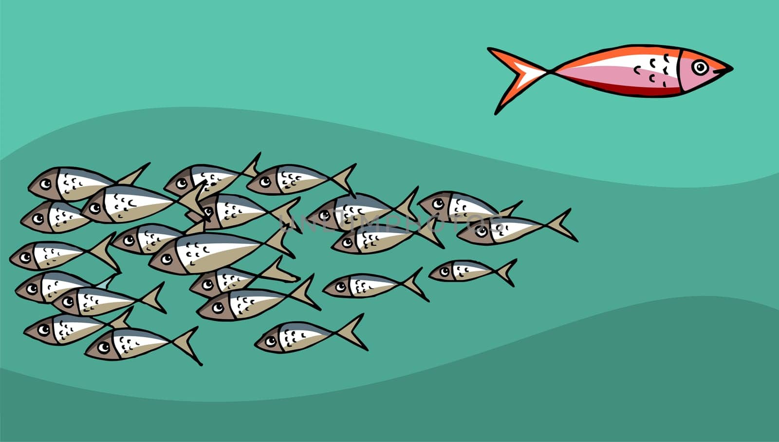 Different Fish Swimming Against The Tide. Green Background. Vector available
