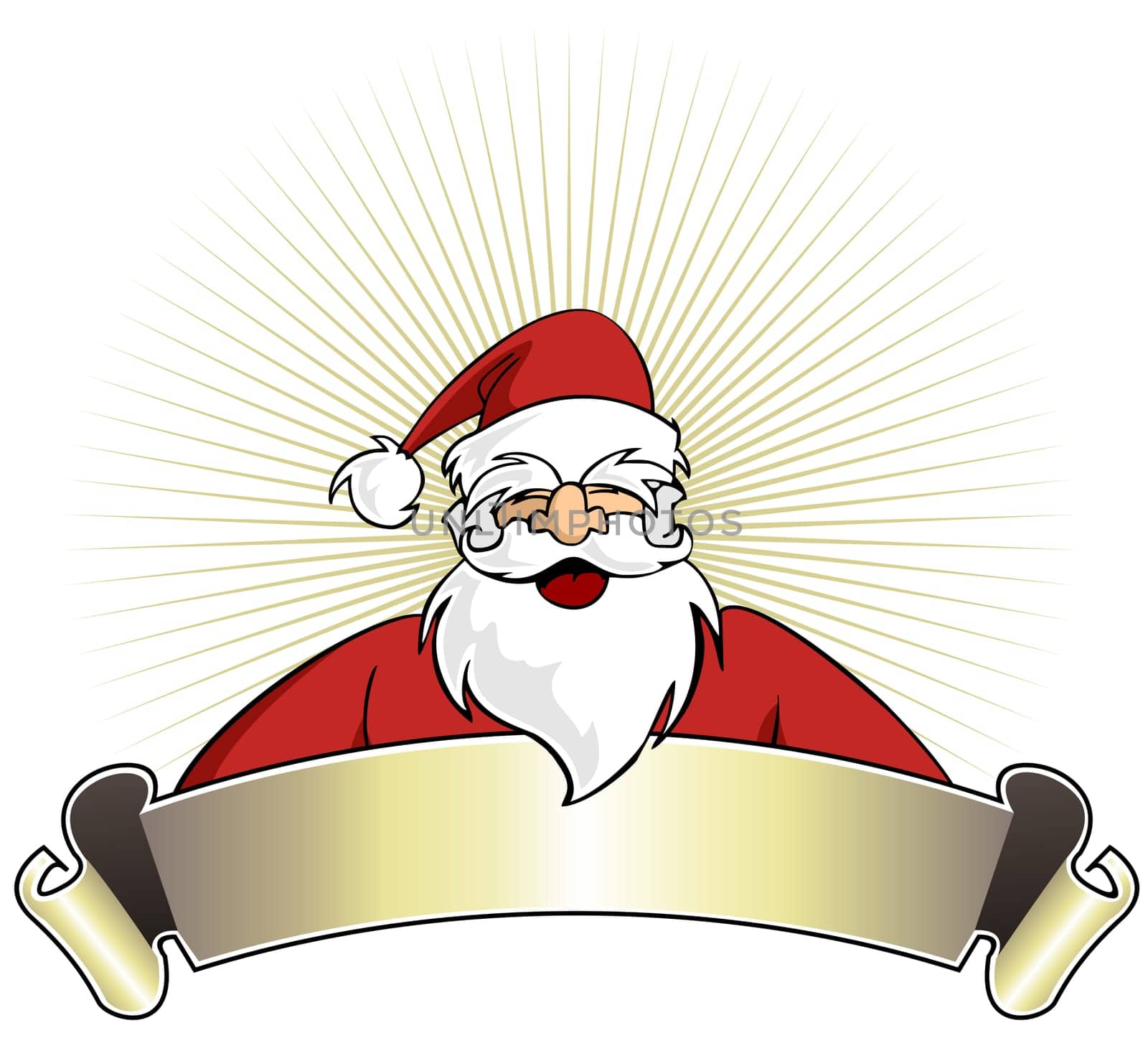 Happy Santa Claus with blank banner on golden striped background. Vector illustration