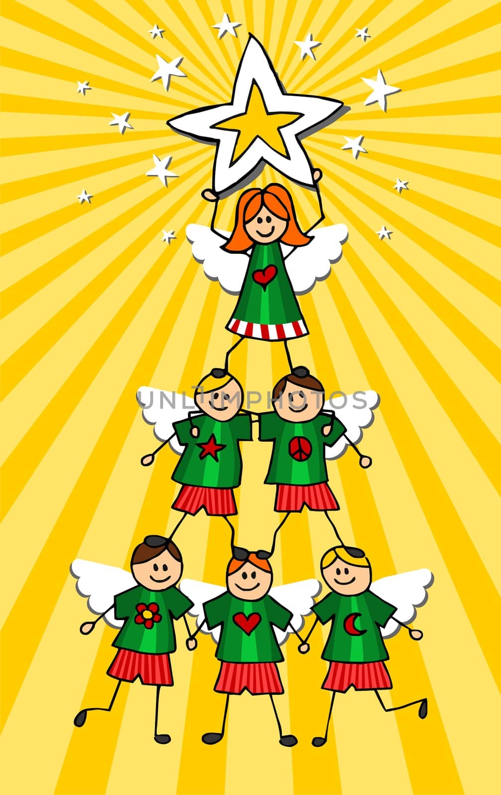 Kids climb together to form a Christmas tree with a girl on top holding a star. Vector available