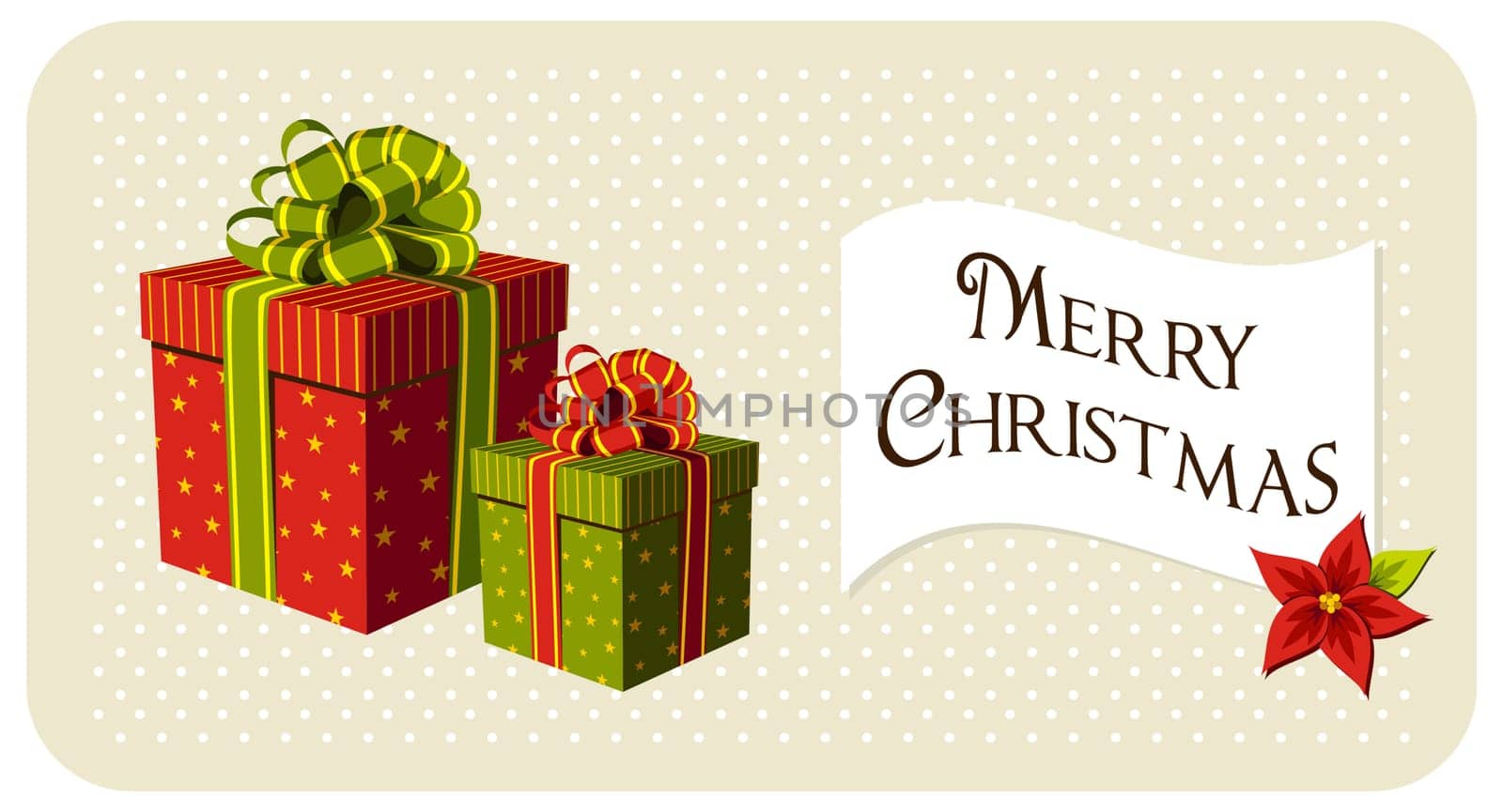 Gift boxes and banner with red Christmas flower. Beige background with white spots. Vector available