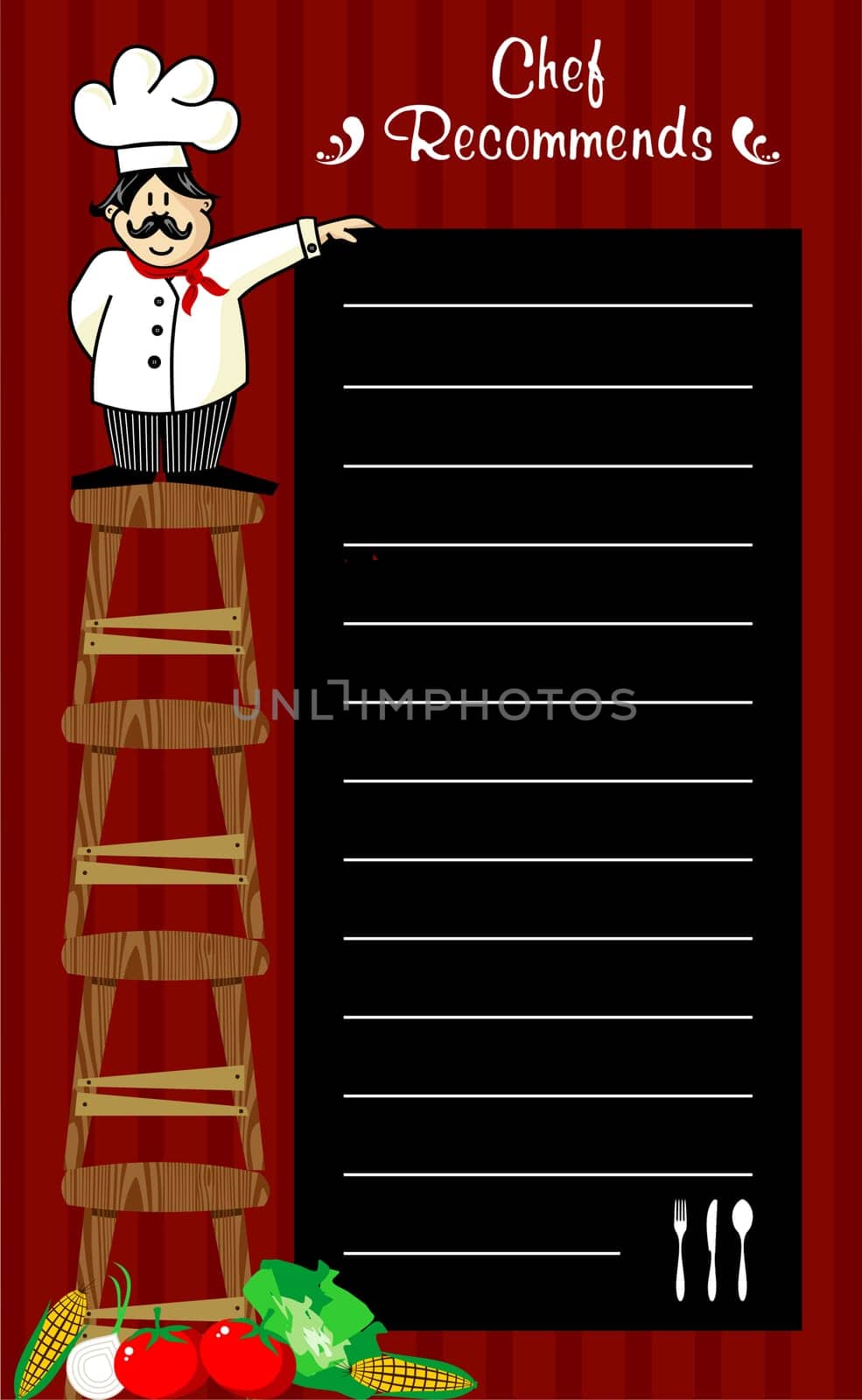 Funny chef on several wooden benches, holding a blackboard where the recommendations are written daily. Vegetables at left corner. Striped red background.