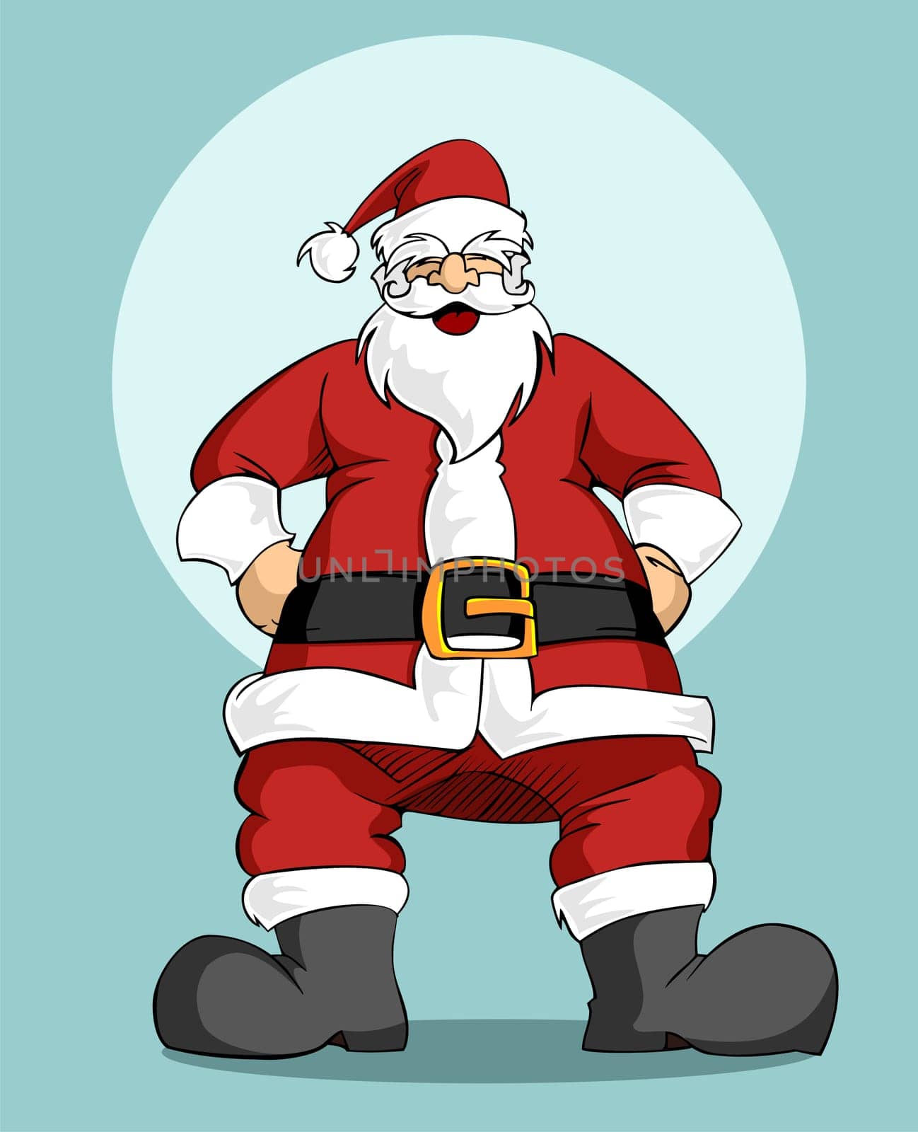 Christmas Series: Happy Santa Claus laughing with hands on hips in front of a full moon. Blue sky in the background.