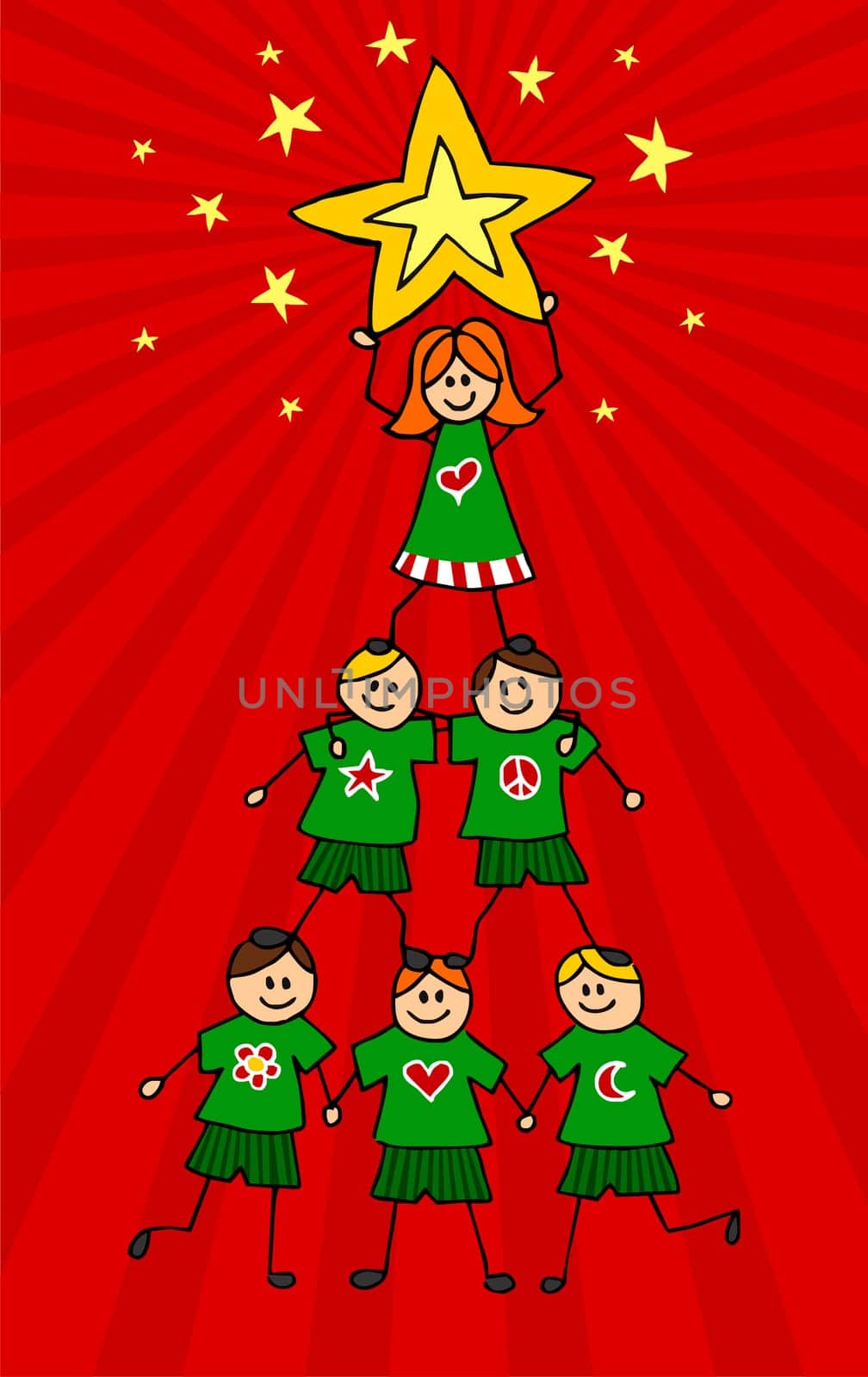 Children climb together to form a Christmas tree with a girl on top holding a star. Red background. Vector available