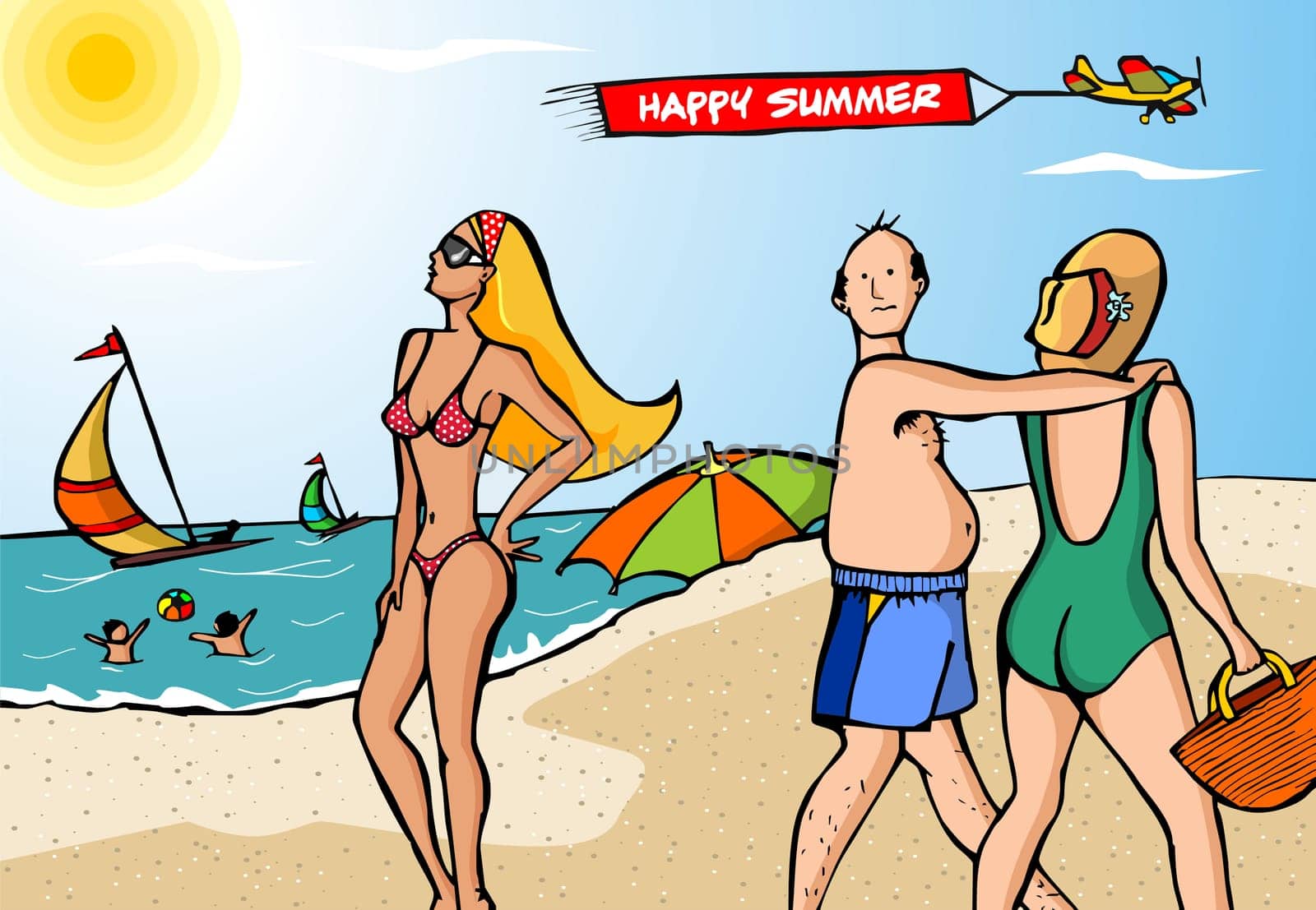 Beach scene. Married man dazzled by a young gorgeous blond woman. Kids playing and sailing boats in the ocean. Plane with a banner on the sky. Vector available