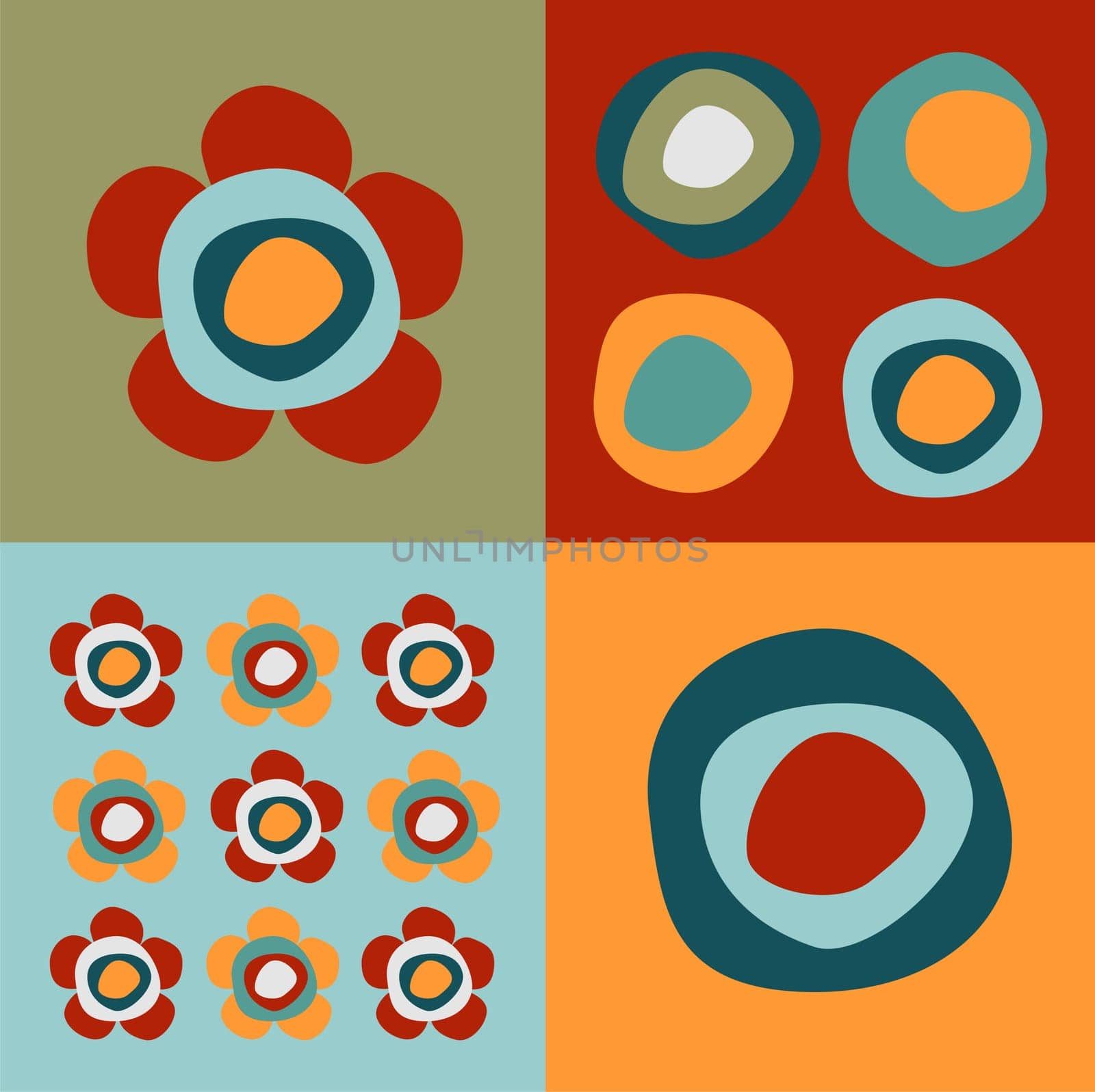 Pattern of squares with colorful circles and flowers