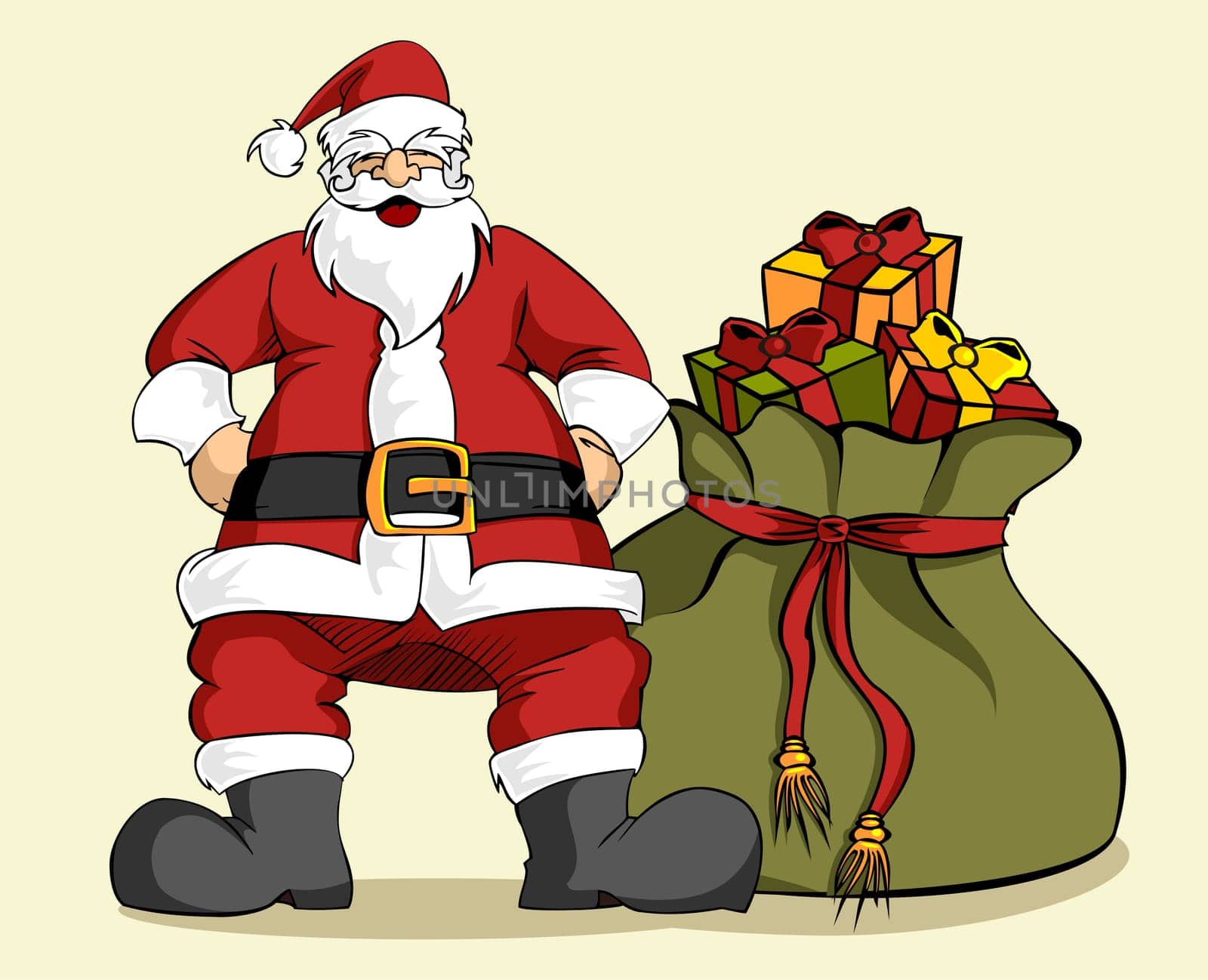 Happy Santa Claus laughing with hands on hips with a large Christmas gifts bag. Clear background.