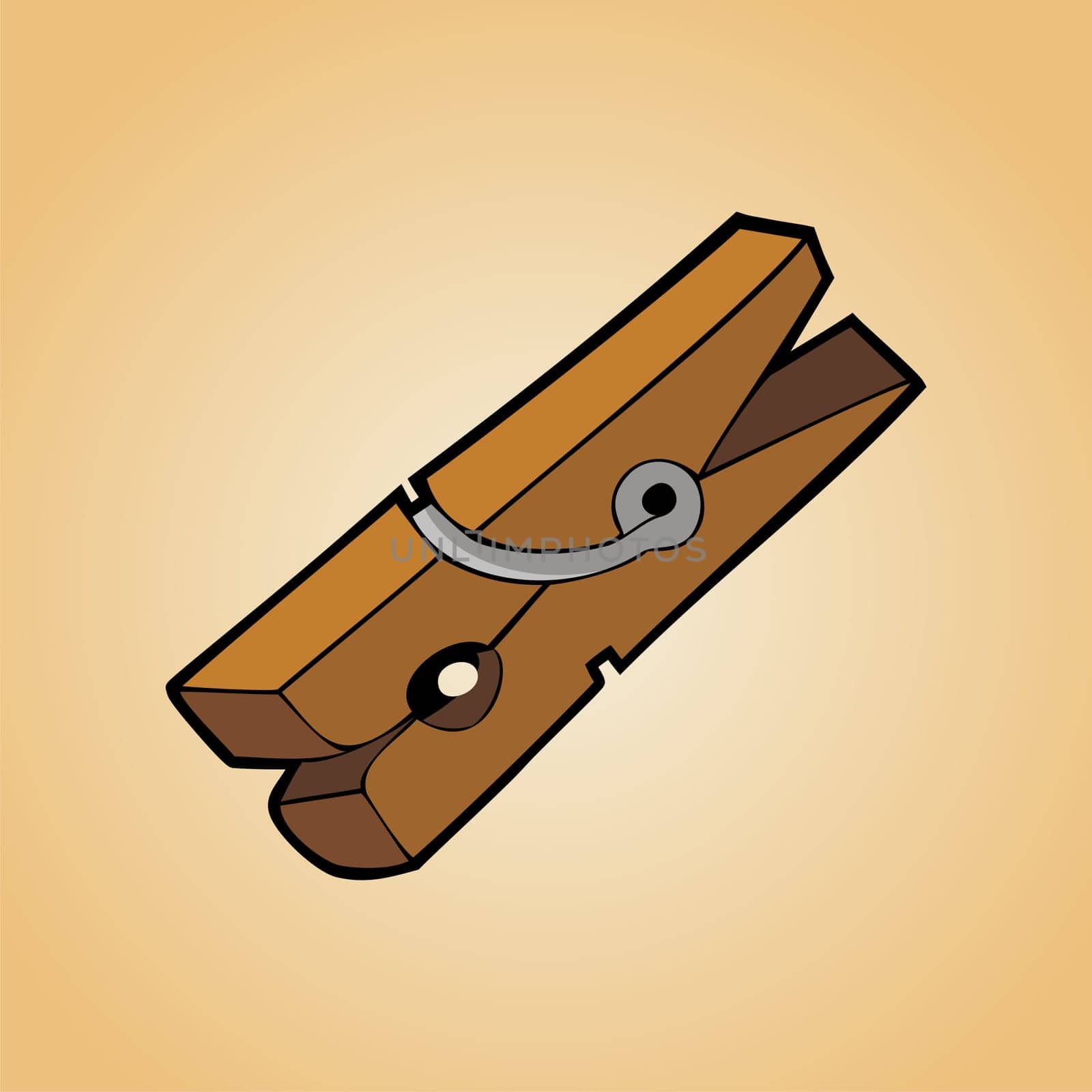 One clothespin of wood on clear orange background.