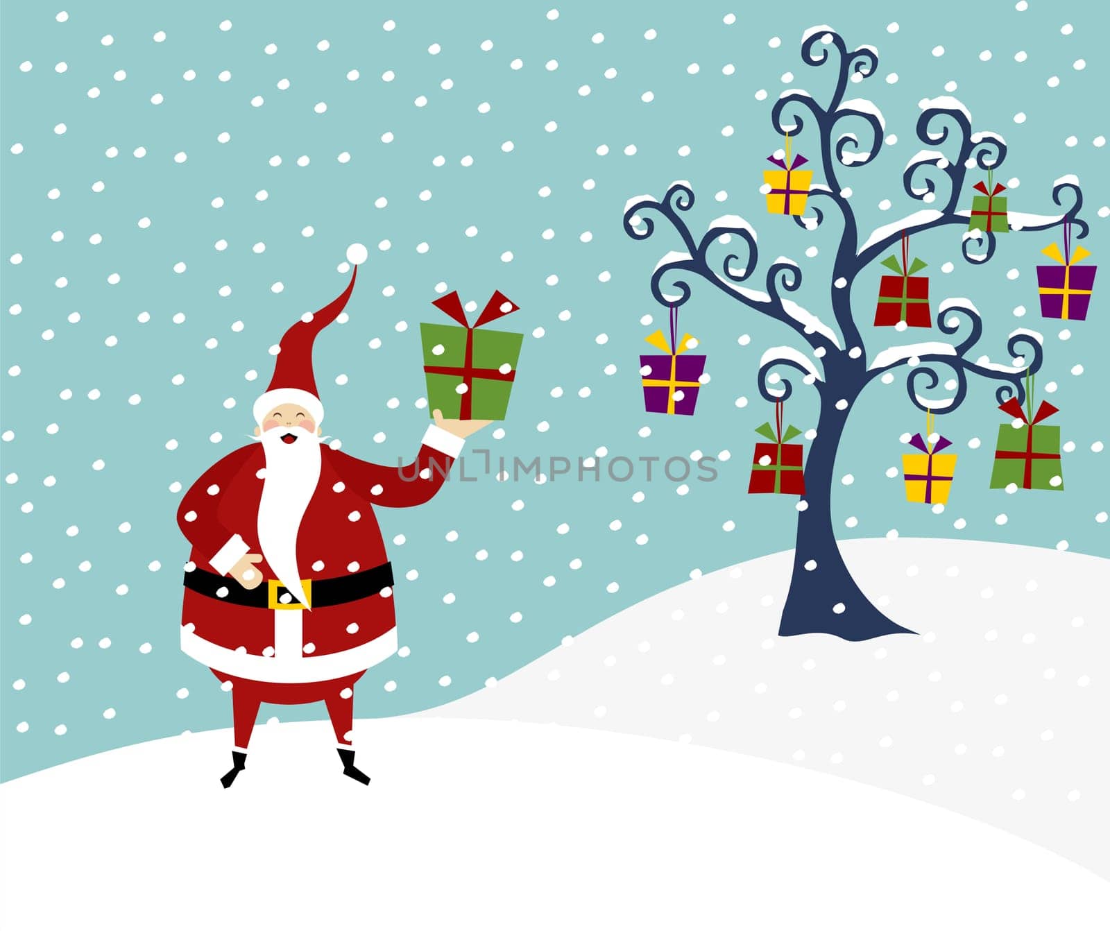 Happy Santa Claus standing on a snow mountain and Christmas tree with lots of gifts