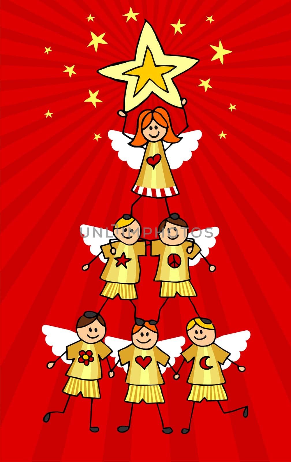 Children climb together to form a Christmas tree with a girl on top holding a star. Red background. Vector available