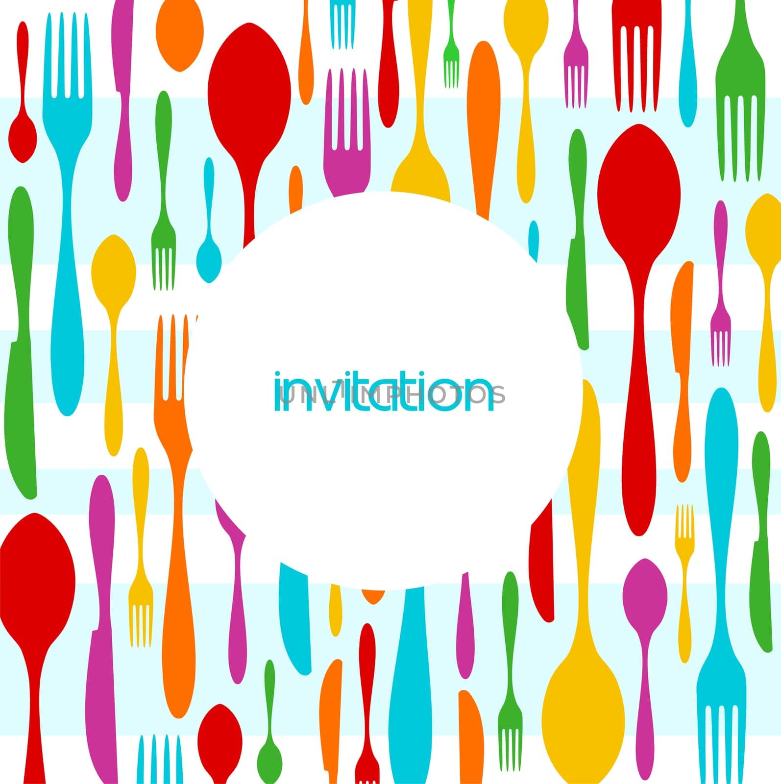 Food, restaurant, menu design with colorful cutlery silhouette background. Suitable as invitation dinner card. Vector available