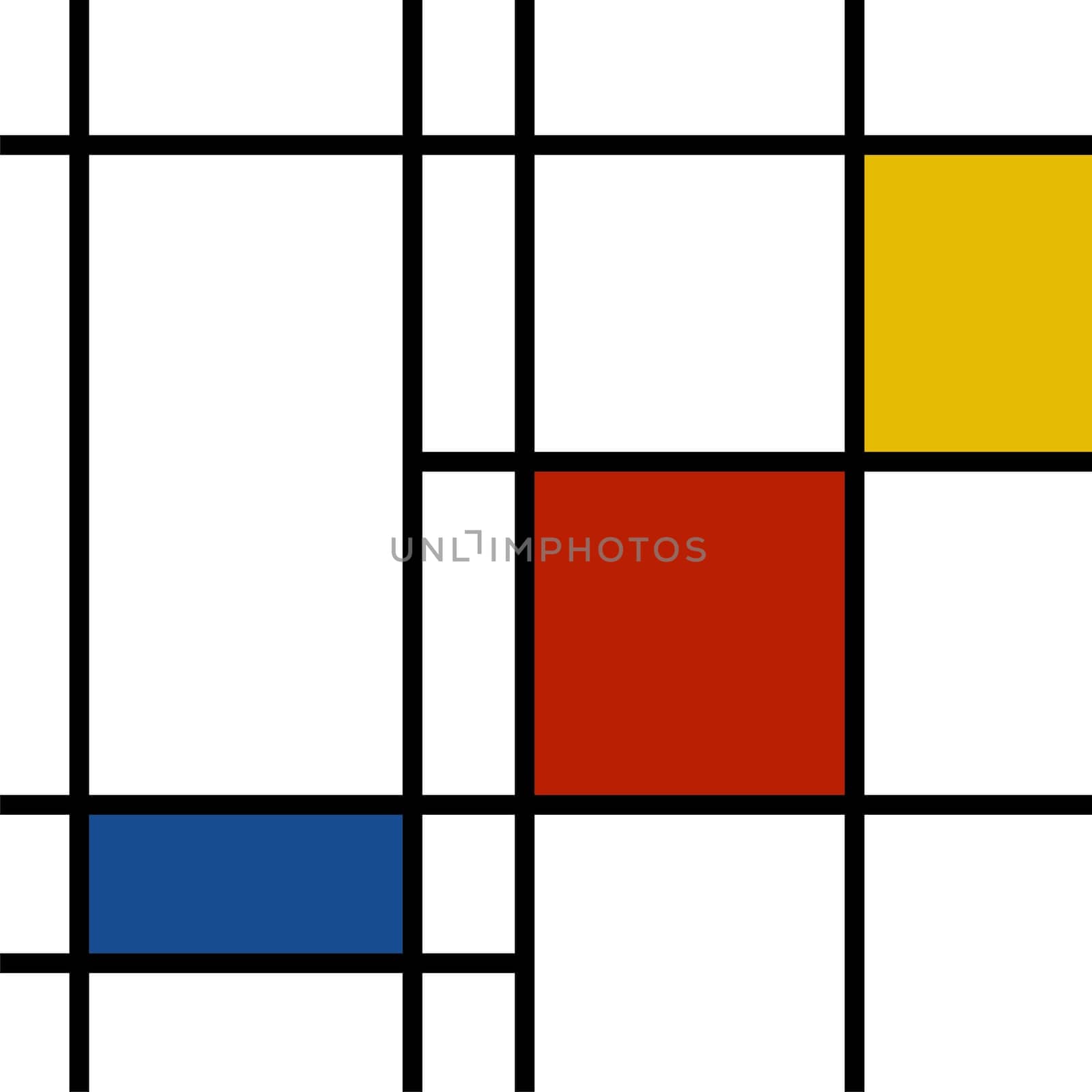 Mondrian inspired vibrant colored squares and black lines on white background