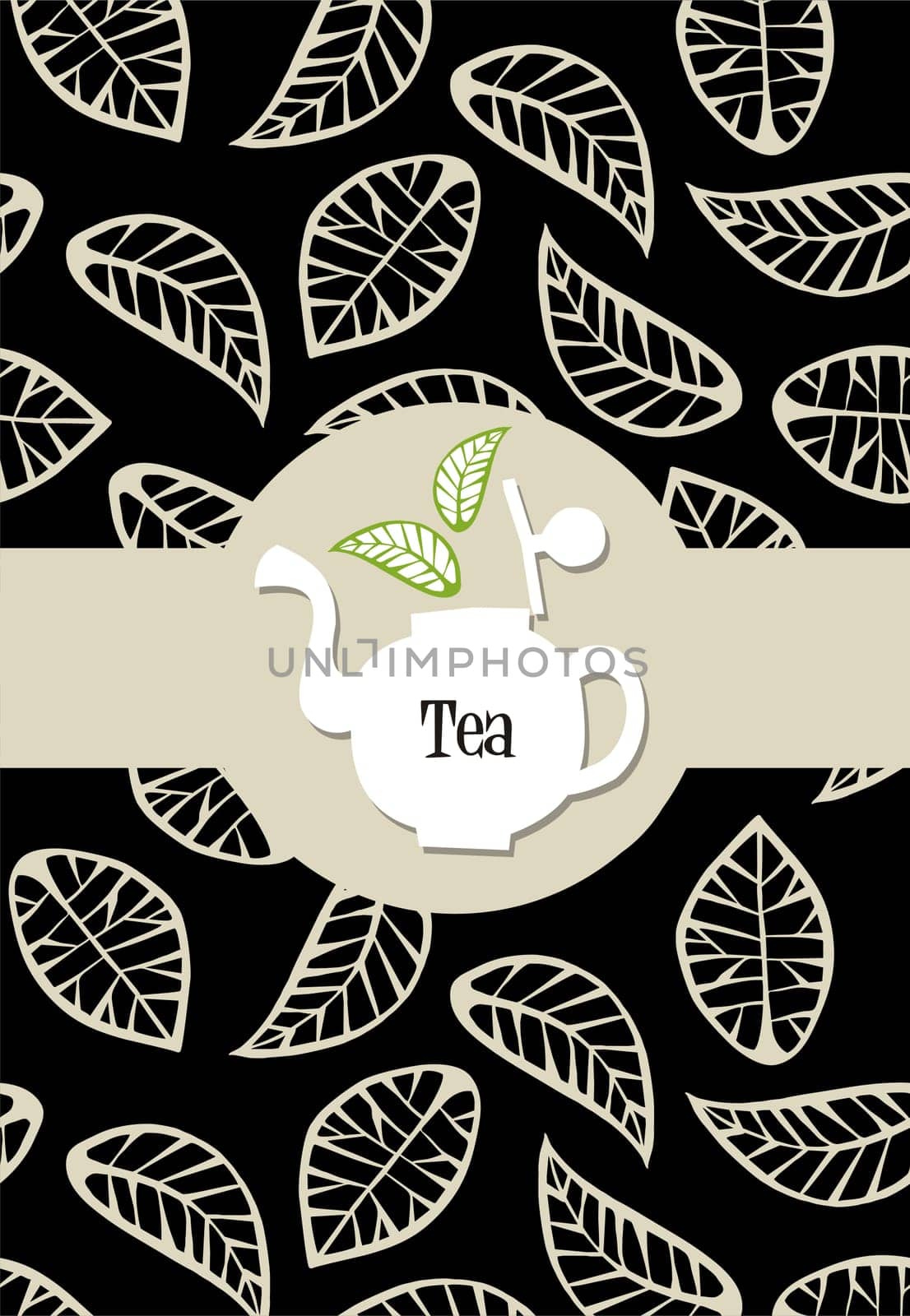 beige leaves on black background vector with tea label  on white teapot