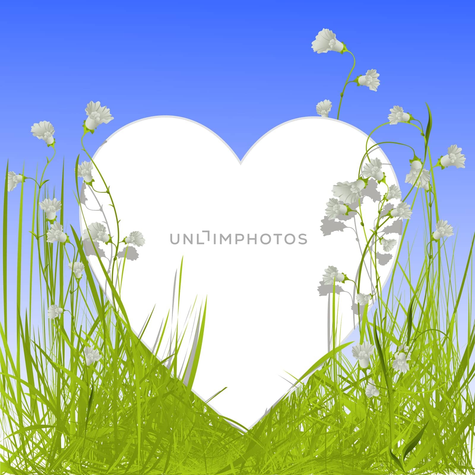 Image shows a heart shape empty card in the grass with flowers