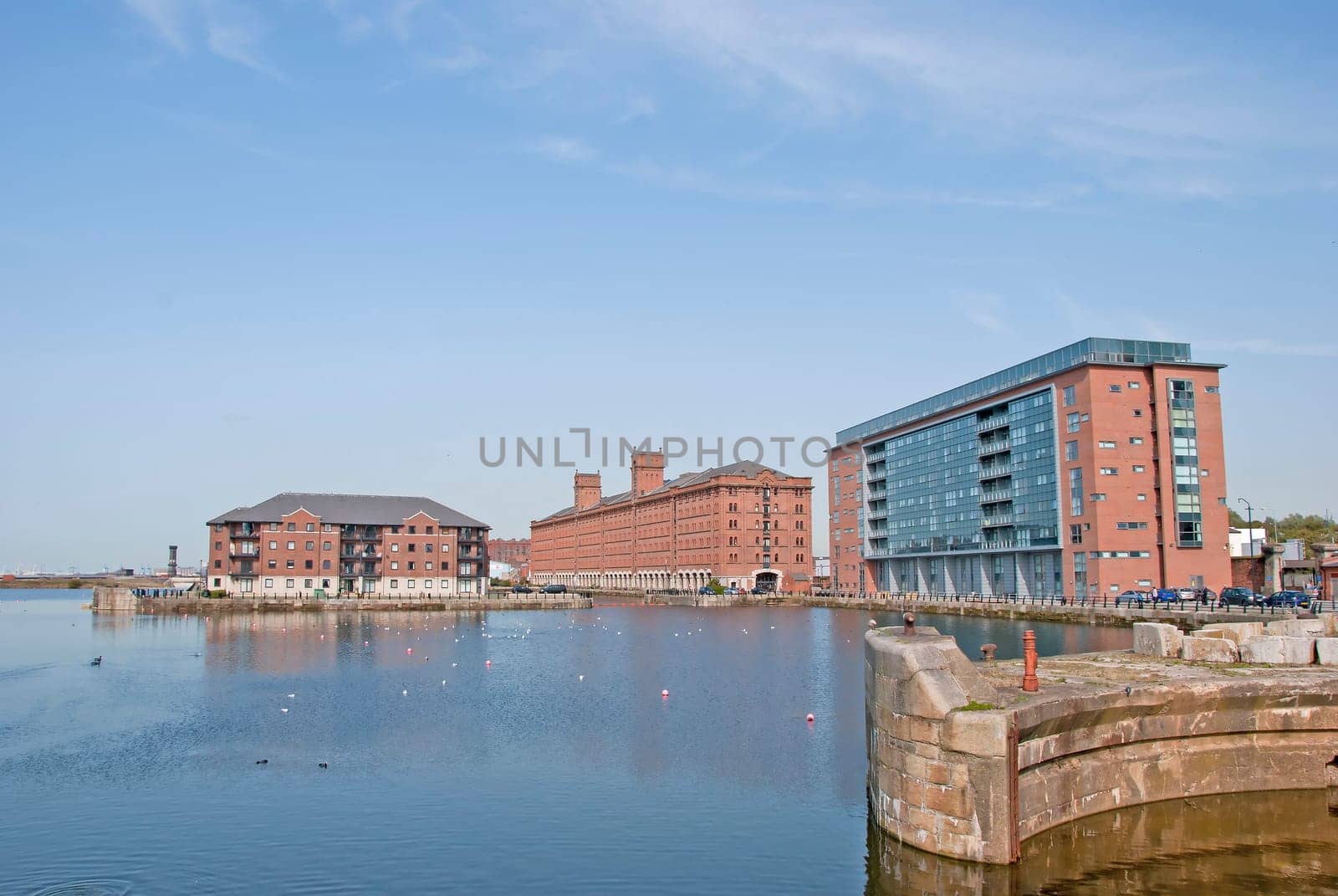 A Dock Redevelopment with Red Brick Apartments in an English City