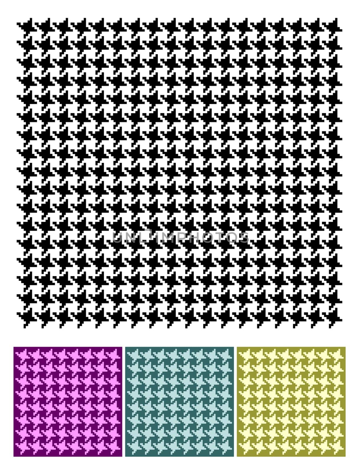 Pied-de-poule texture in black and white and three colored patterns below