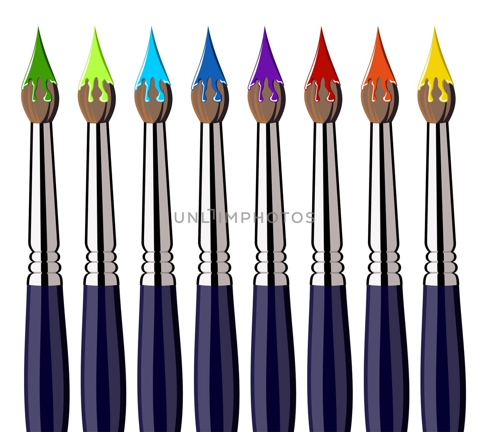 Eight paint brushes in a row with colorful paint on the bristles. White background. Vector available