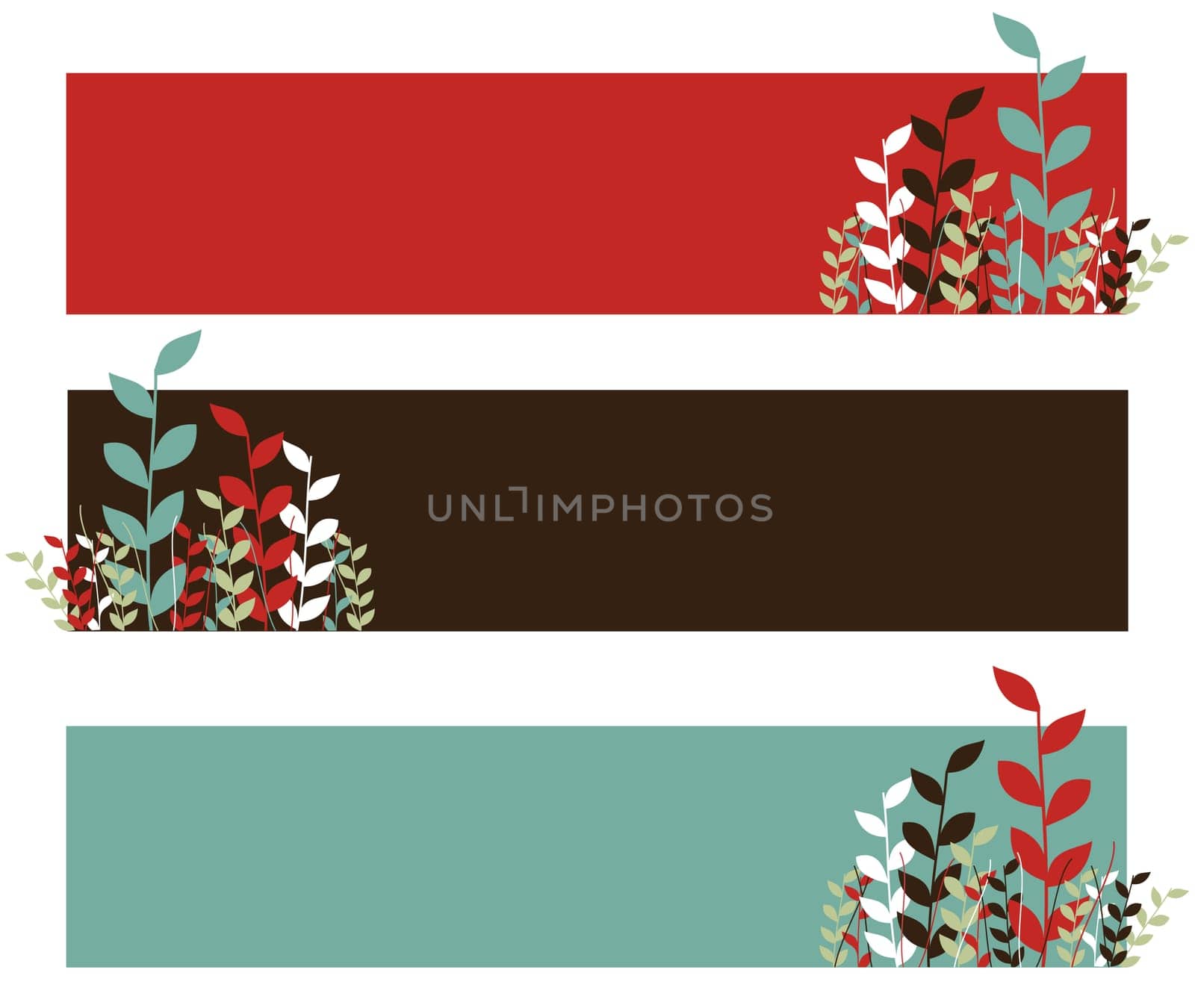 Spring pattern. Growing leaves on red, black and blue wide stripes. White background. Vector available