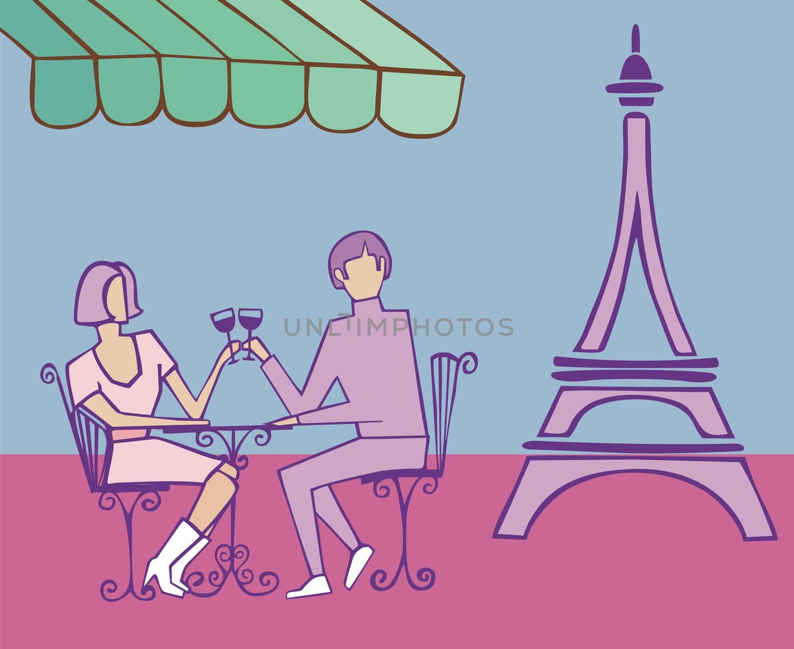 Couple celebrating in Paris near the Eiffel tower on light blue background.